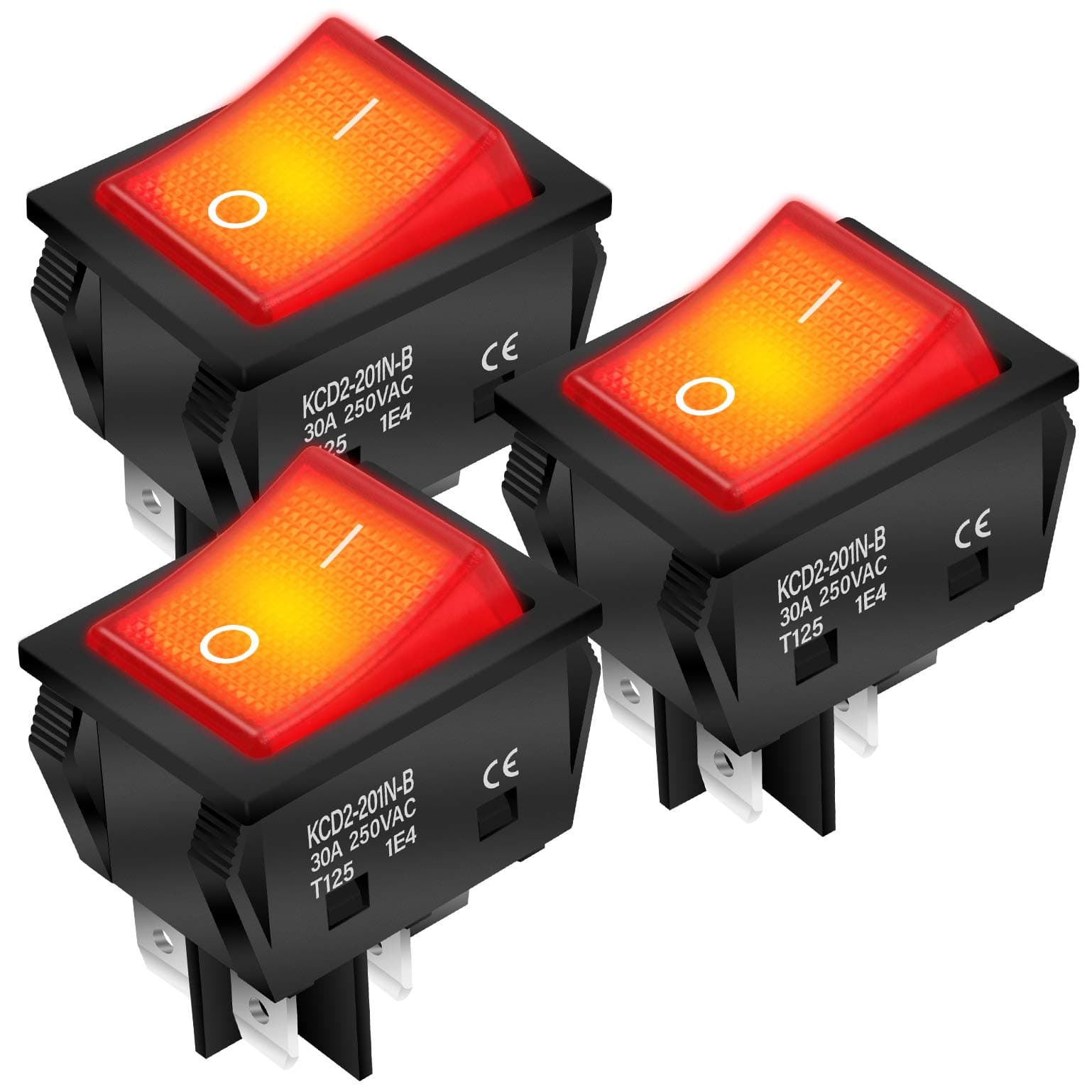 DaierTek 5Pcs KCD2 Rocker Switch 220V Light Illuminated DPST ON Off Locking 4 Pin 16A 250VAC/20A 125VAC