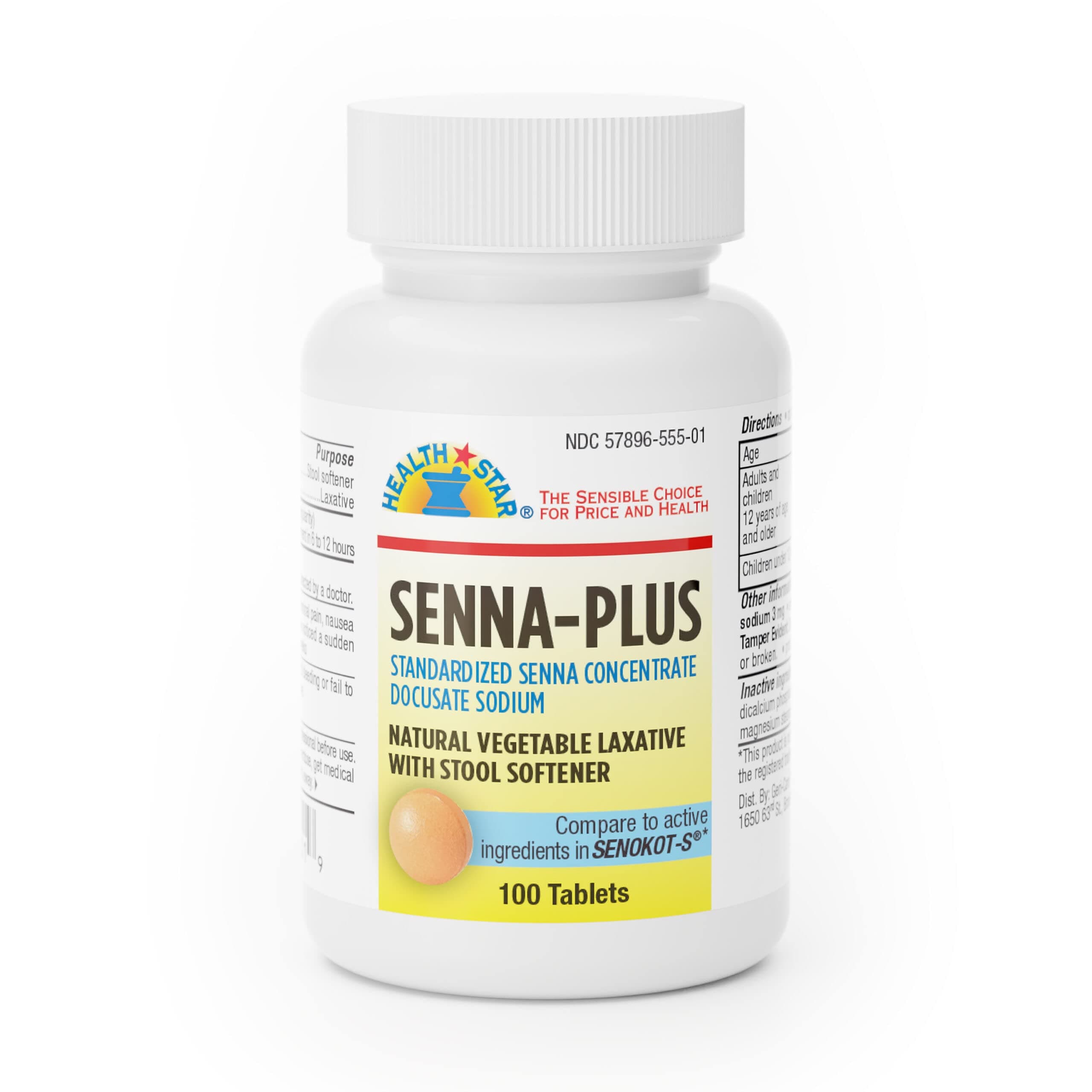 Senna Plus Natural Vegetable Laxative with Stool Softener, Docusate Sodium 50mg, Sennosides 8.6mg 100 Count (Pack of 1)