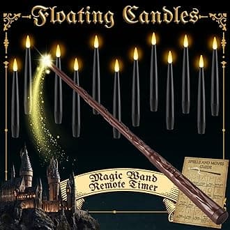 NURADA Floating Candles with Wand Remote Timer - Magic LED Hanging Flameless Taper Candles Flickering Battery Operated for Halloween Birthday Theme Party Holiday Home Window Decor - Black 12 Pack