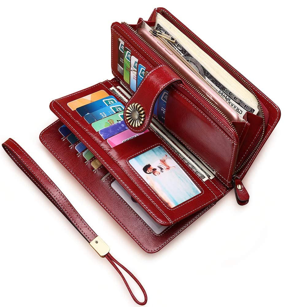 Women RFID Blocking Wallet, Large Capacity Leather Card Wallet with Removable Wristlet Strap