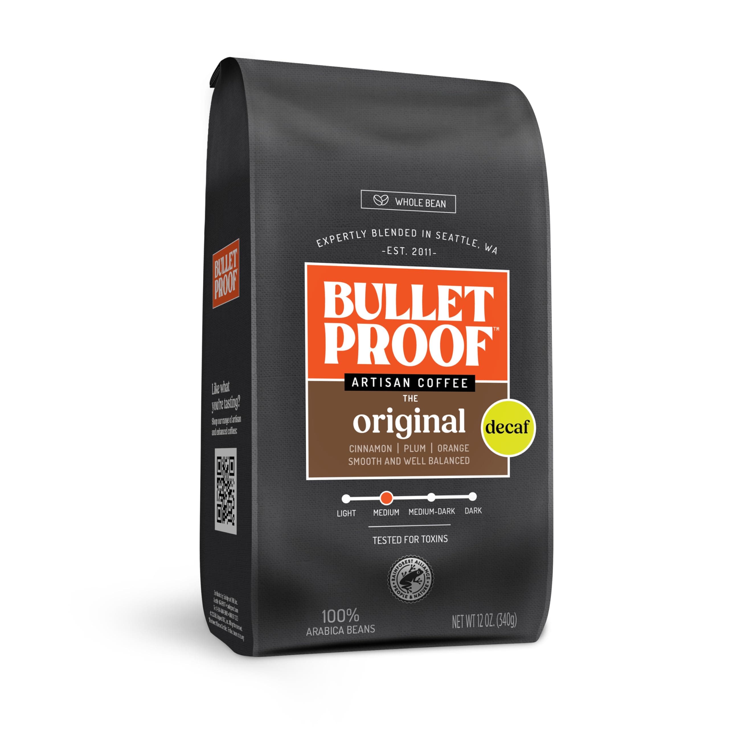 Bulletproof Original Medium Roast Whole Bean Decaf Coffee, 12 Ounces, Coffee Tested for Toxins, Packaging May Vary