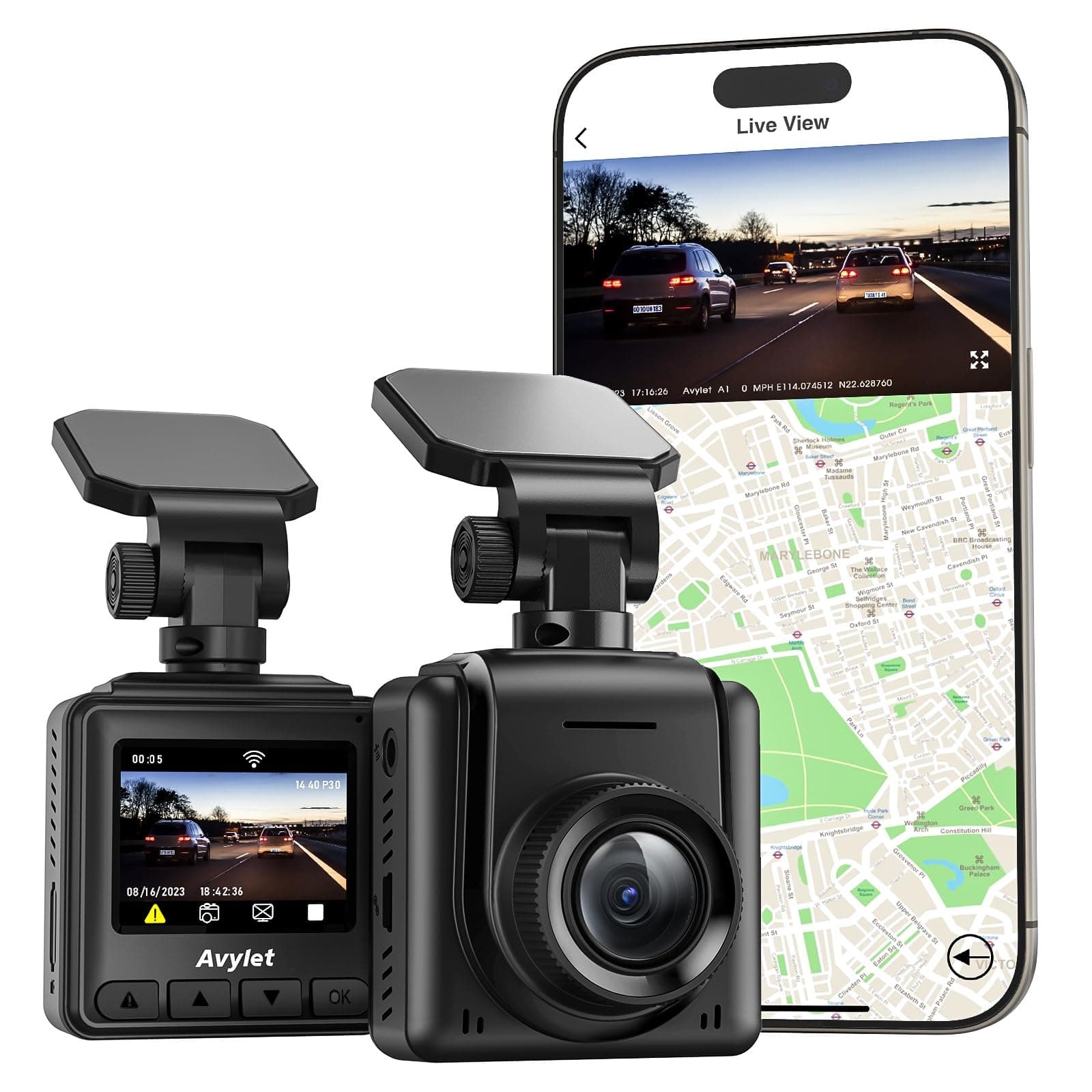 Dash Cam WiFi 2K, Car Camera with APP, External GPS, 1.5'' IPS Screen, Front Dash Camera for Cars, Mini Dashcams, WDR Night Vision, 24H Parking Monitor, Loop Recording, G-Sensor