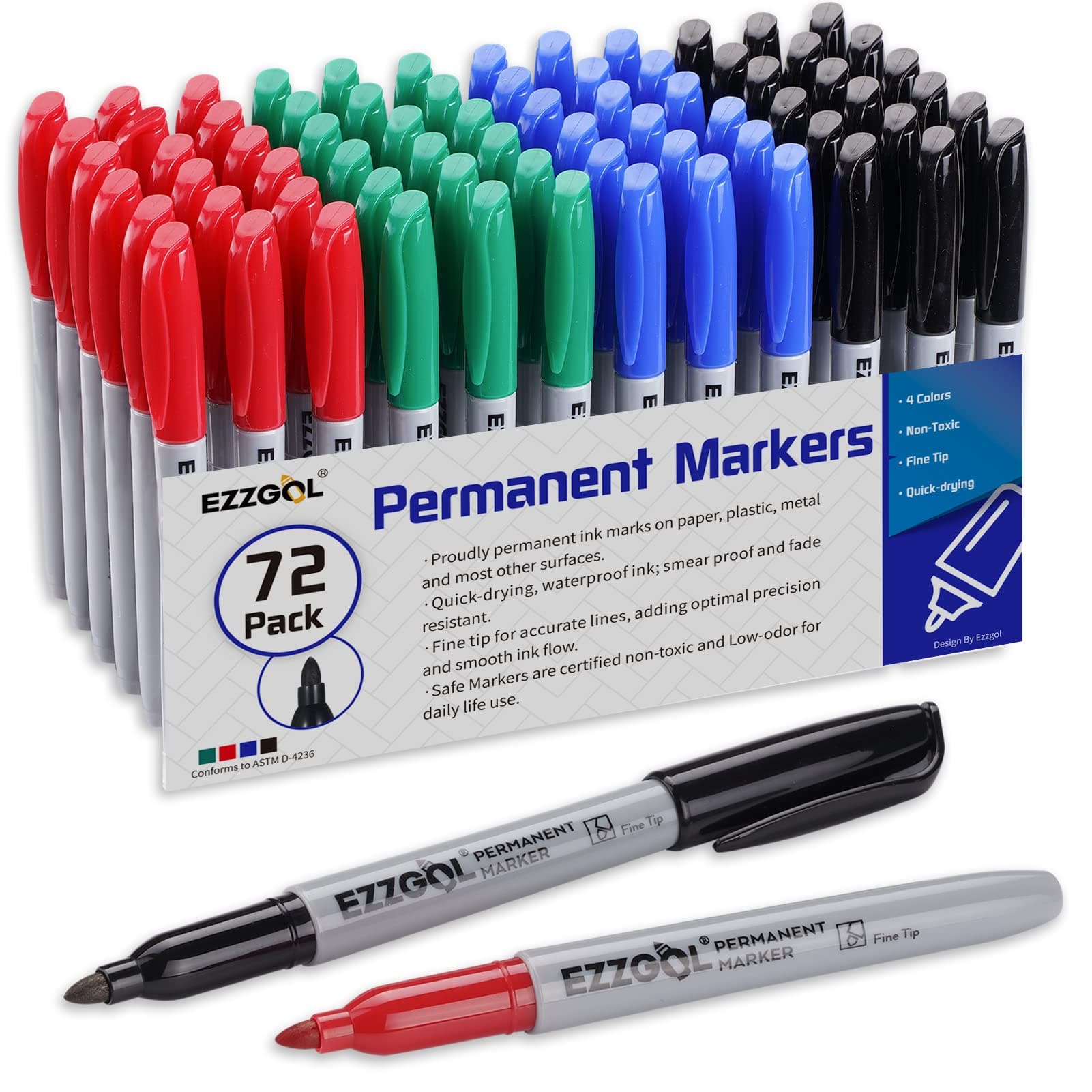 Permanent Markers Bulk, Permanent Marker Bulk Pack of 72, 4 Assorted Colors, Fine Point Permanent Markers For Adult Coloring as Office, School Supplies