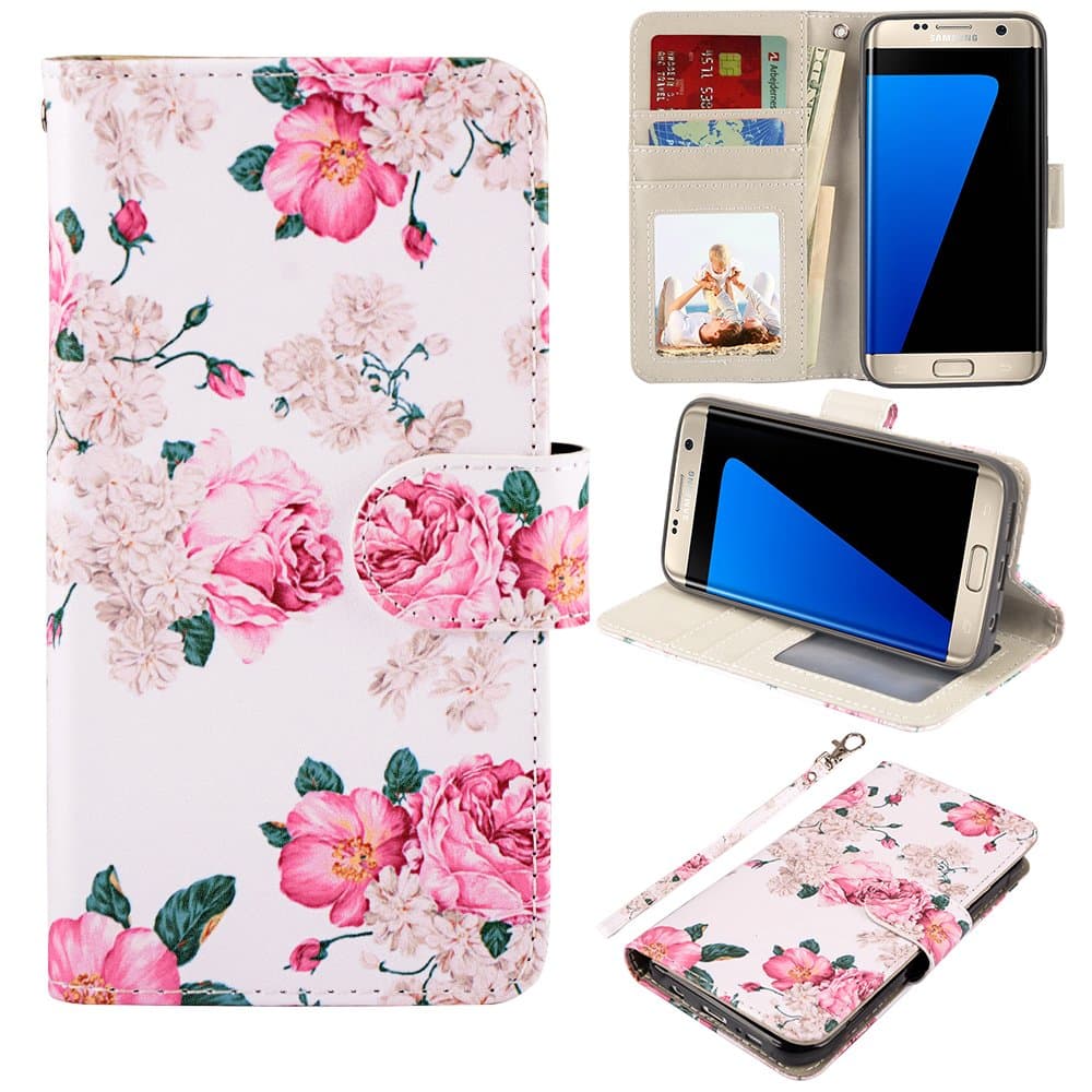 UrSpeedtekLive S7 Edge Case, Galaxy S7 Edge Wallet Case, Premium PU Leather Wristlet Flip Case Cover with Card Slots & Stand for Samsung Galaxy S7 Edge,Flower 2