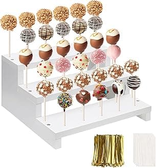 Wood Cake Pop Stand, 3 Tier White 33 Holes Lollipop Display Holder with Twist Ties Lollipop Sticks, Cupcake Dessert Display Stand Riser for Table of Wedding Birthday Party Christmas Day (A)