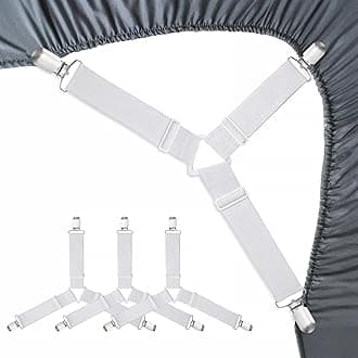 Bed Sheet Fasteners, Adjustable Mattress Suspenders, Mattress Cover Straps, Bed Corner Holder and Keepers and the Bed Sheet Grippers Clips (Triangle White Set of 4)