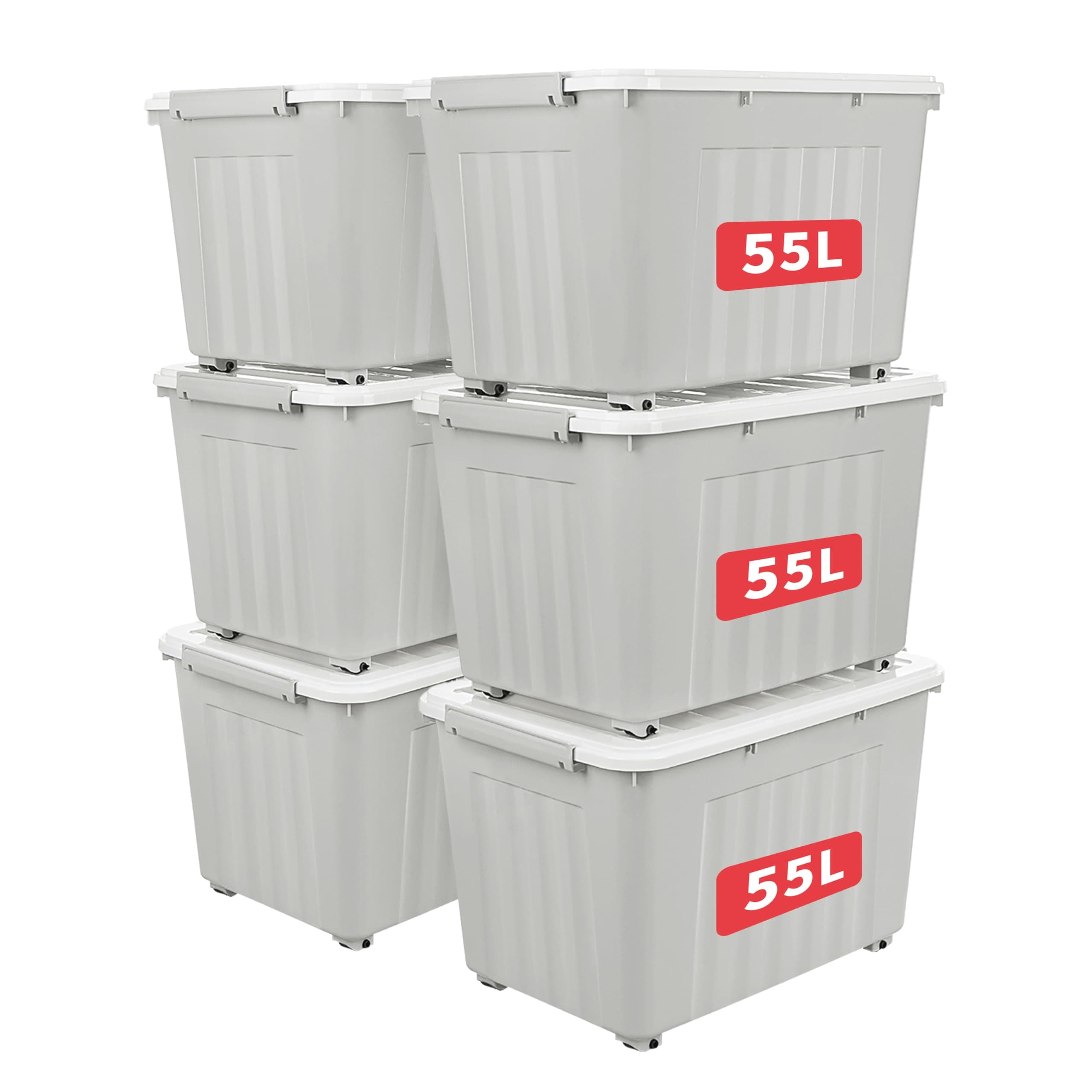 Cetomo 55L*6 Storage Boxes with Lids, Plastic Storage Box with Wheels and Secure Side Latches, Stackable & Nestable Organizer for Home, Office, Moving, PP, Gray, 55L-6 Pack