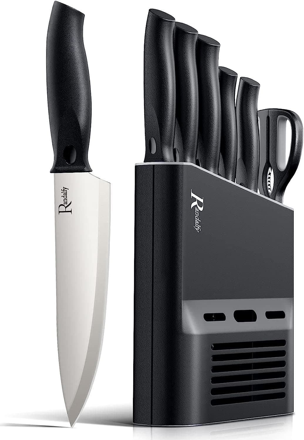 – Kitchen Knife Set with Knife Block Set - 7 Pieces Professional Chef Knife Set Contain Knives, Scissor and Knife Block for Meat/Vegetables/Fruits's Chopping, Slicing, Dicing & Cutting, Silver