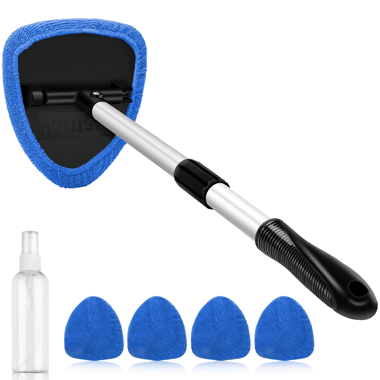 Windshield Cleaner, Car Windshield Cleaning Tool Inside with 4 Reusable and Washable Microfiber Pads and Extendable Handle Auto Glass Wiper Kit, Blue