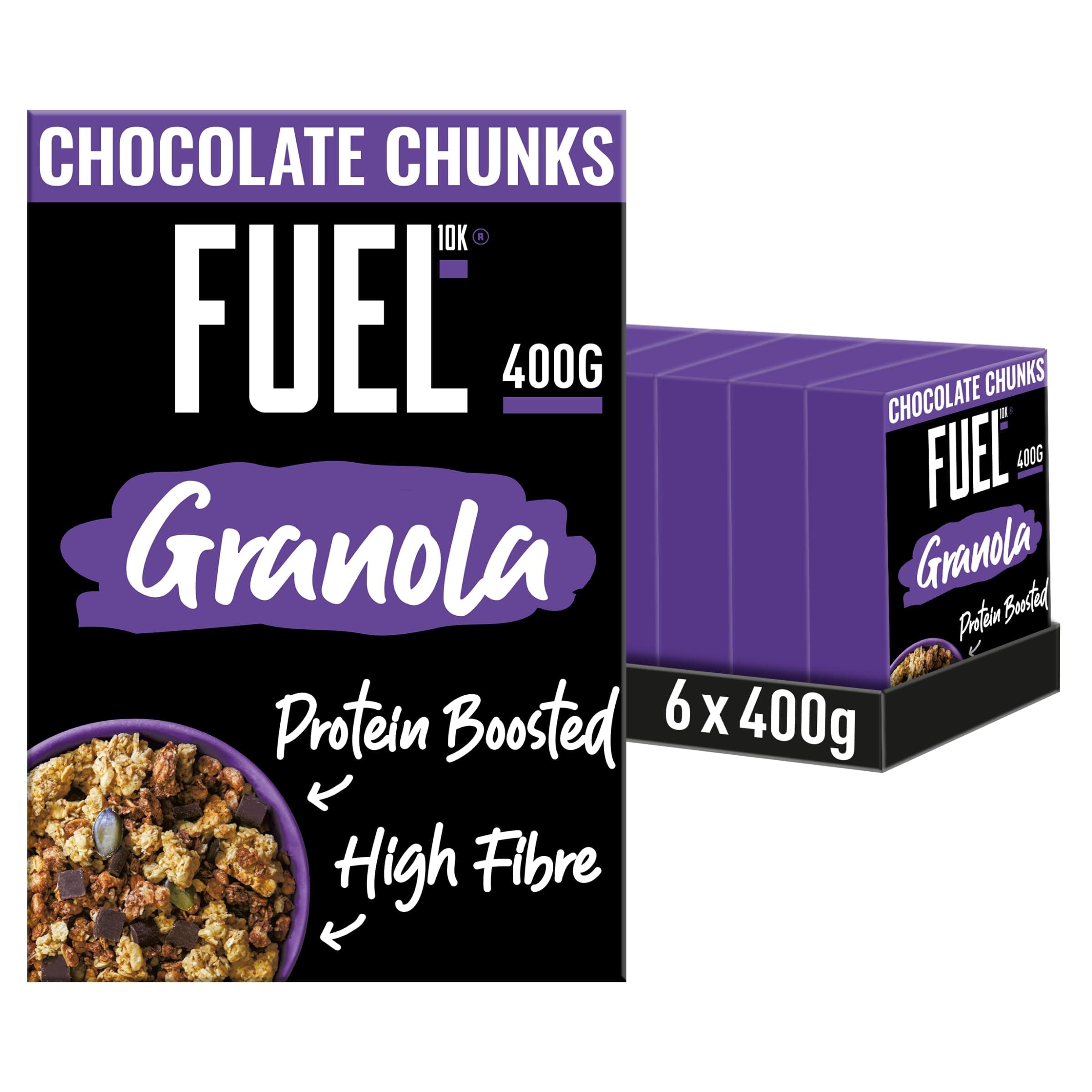 FUEL10K Protein Boosted, Chunky Granola, Chocolate Loaded, 6 x 400 Gram Box - High Fibre, Vitamin Boosted Vegan Cereal with Dark Chocolate Pieces, Jumbo Oats & Pumpkin Seeds