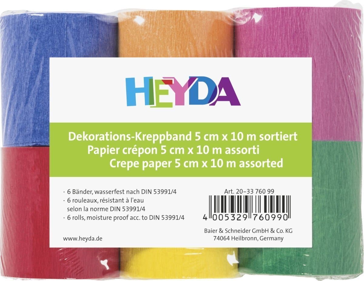 Heyda Crepe Paper Rolls - 5 cm x 10 m - Assorted Colours - 32 g / m², 3er Spar-Pack