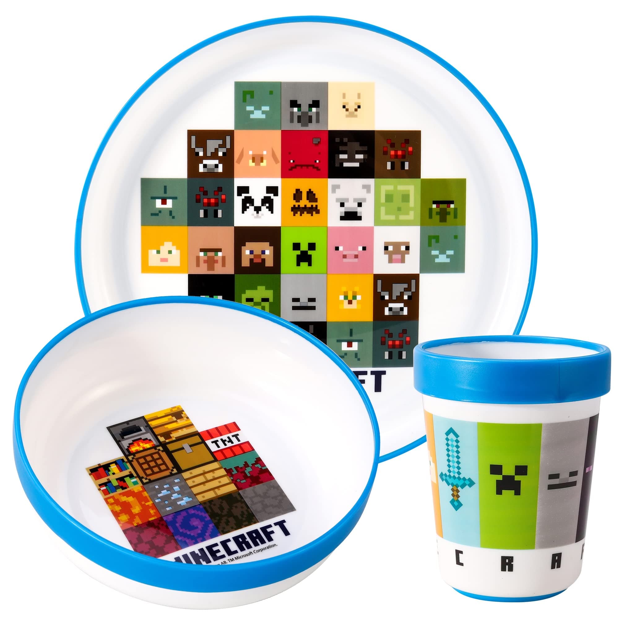 Minecraft 3pcs Reusable Bicolor Premium Kids Dinner Tableware Set Plate, Bowl & Tumbler, BPA Free