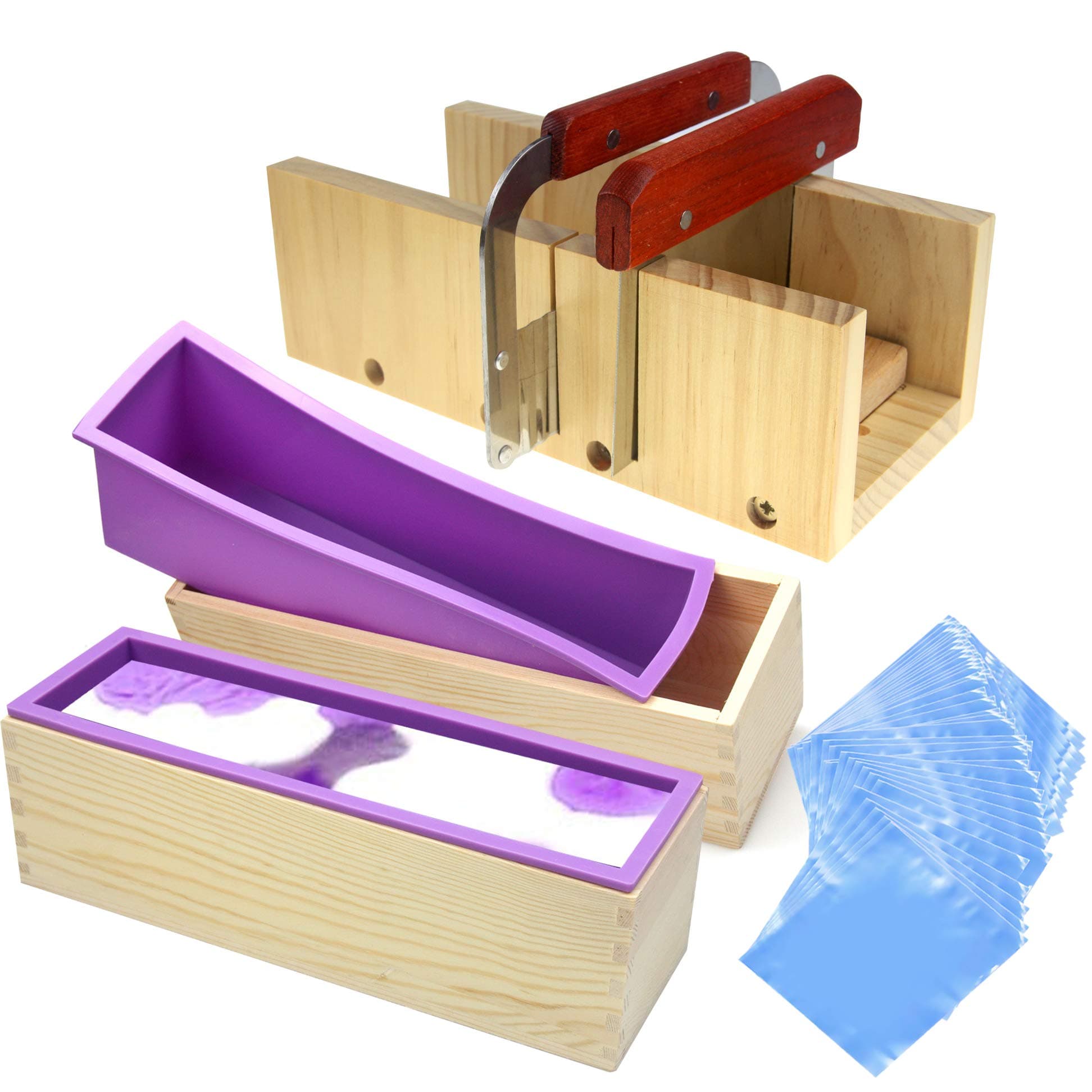 Voulosimi Silicone Soap Mold - Soap Making Cutting Mold Soap Cutter with Wavy Cutter & Straight Slicer and 100 Pcs 6 x 6 inch Shrink Wrap Bags