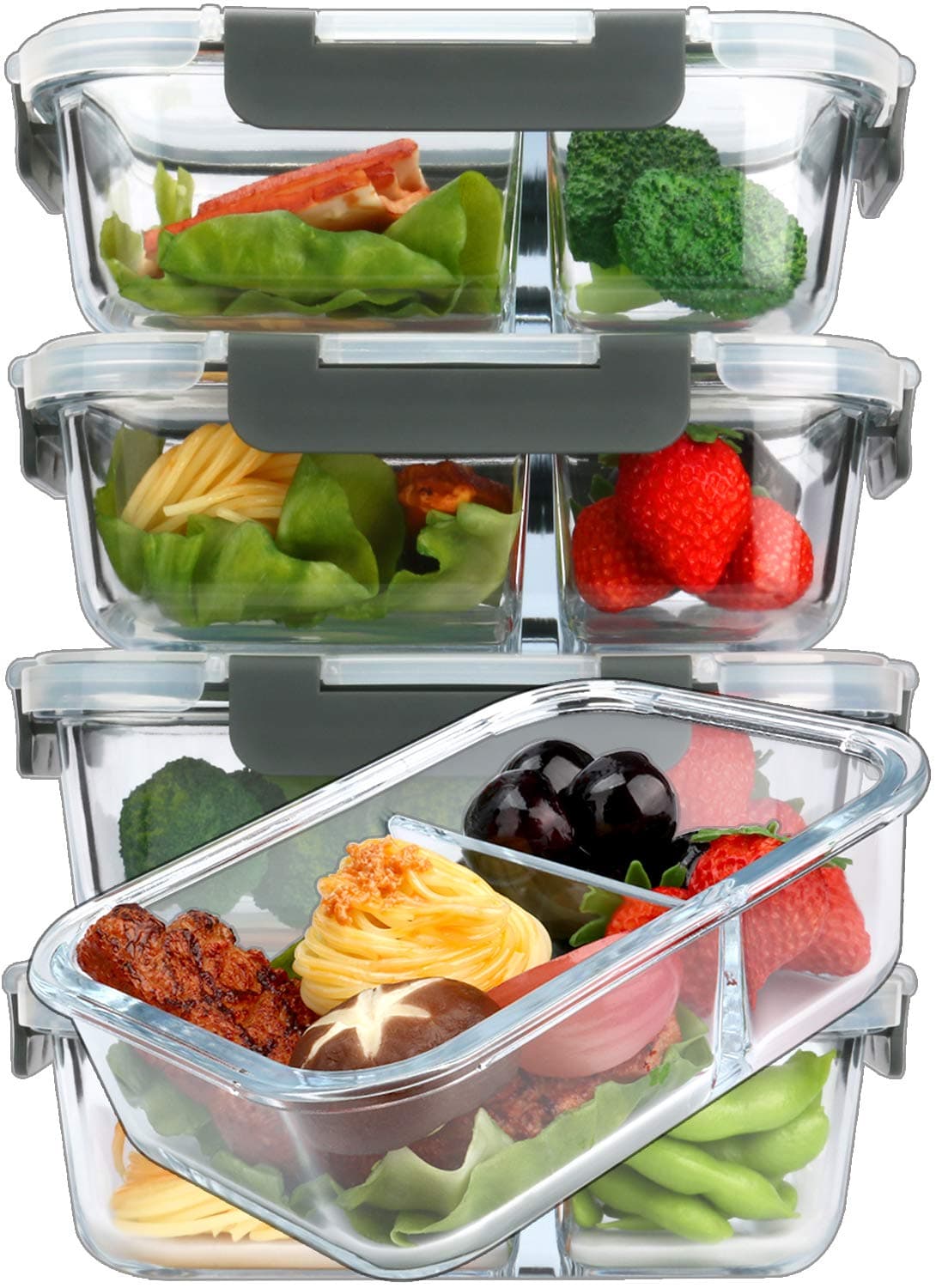 M MCIRCO [5-Pack,36 Oz Glass Meal Prep Containers 2 Compartments Portion Control with Upgraded Snap Locking Lids Glass Food Storage Containers, Microwave, Oven, Freezer and Dishwasher (4.5 Cups)