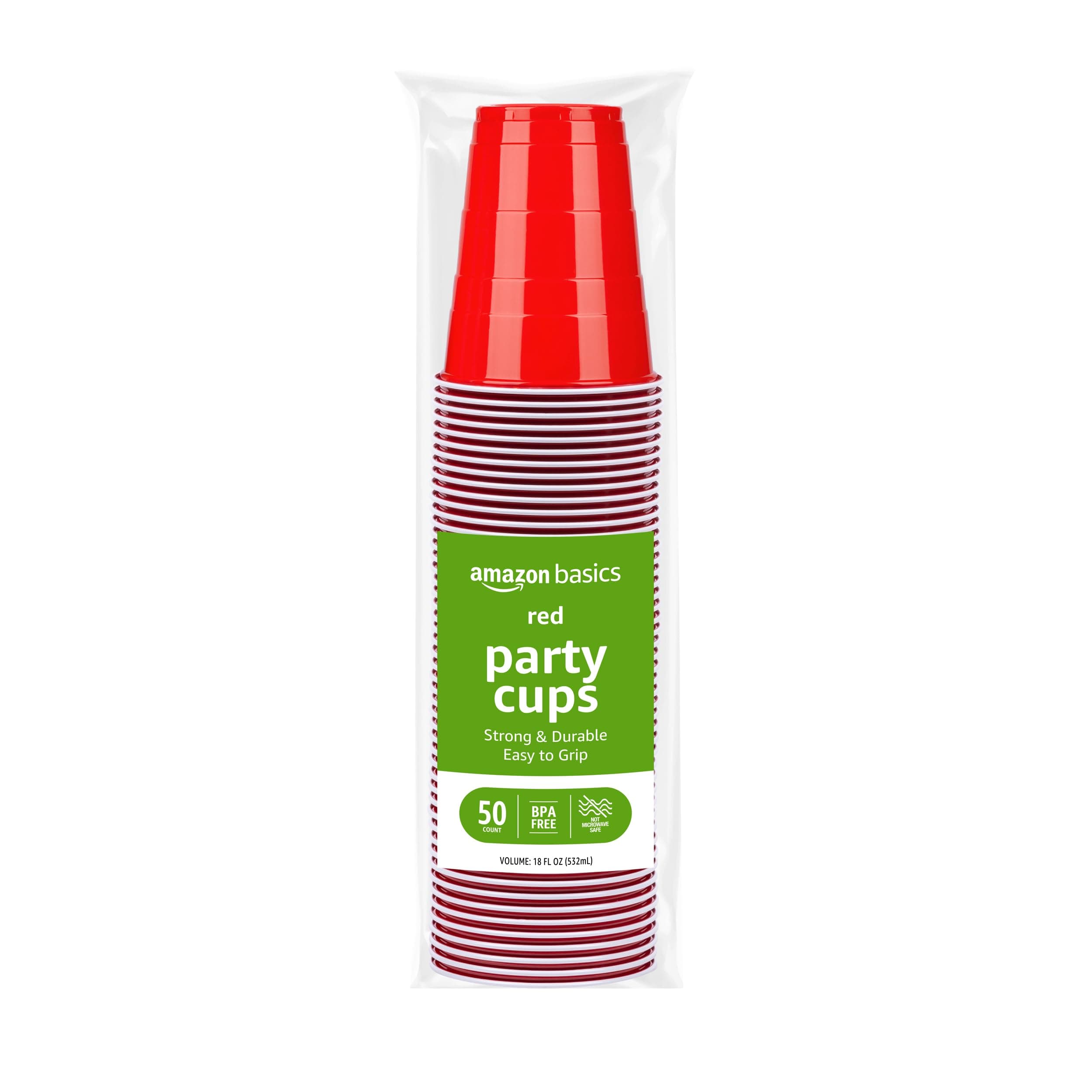 Amazon Basics Sturdy Disposable Plastic Party Cups for Cold Drinks, Red, 18oz, 50 Count, BPA-Free