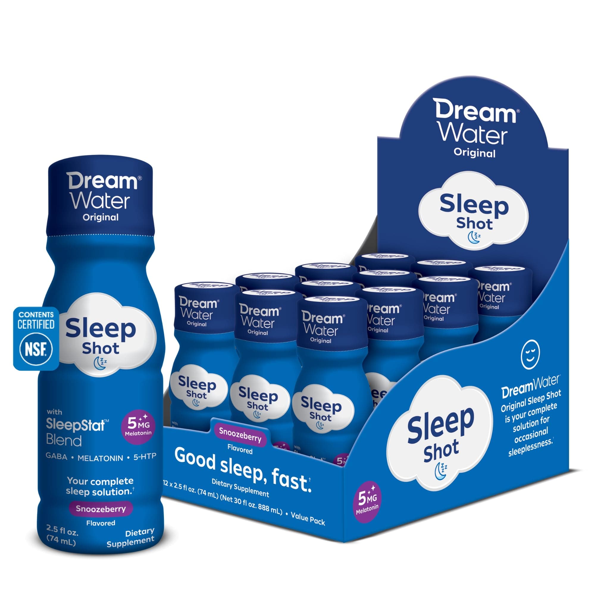 Dream Water Sleep Aid Supplement Drink; Melatonin 5mg, GABA, 5-HTP; Zero Sugar, Natural Flavors, No Added Colors, 2.5 oz Liquid Sleep Shots, Snoozeberry, 12-Count