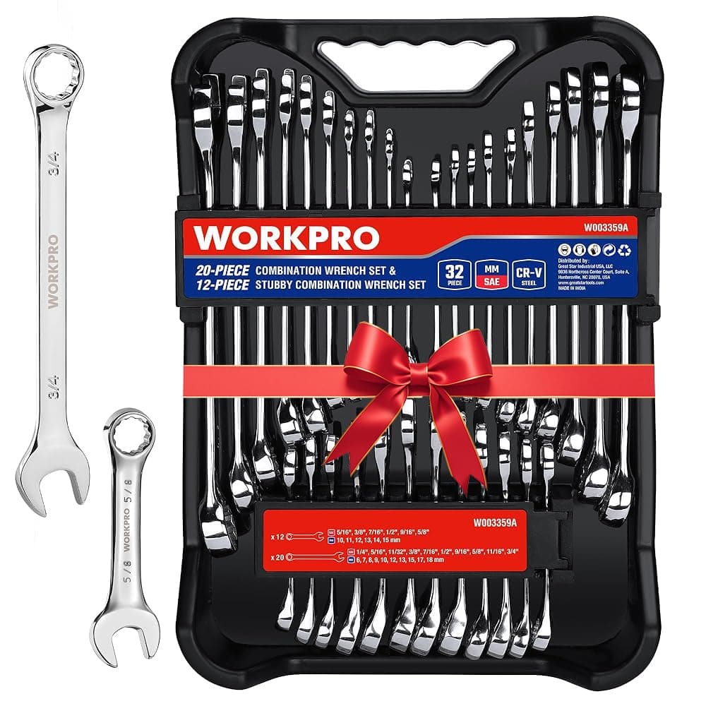 - WORKPRO 32-Piece SAE & Metric Combination Wrenches Set, 20-Piece Standard wrenches and 12-Piece Stubby Wrenches with Organizer Tray, Cr-V Steel Mirror Chrome Polished