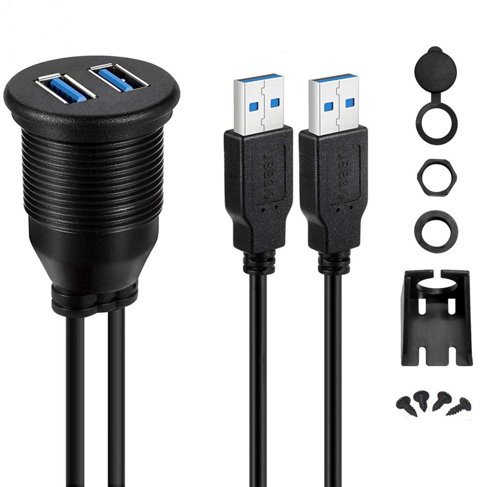 USB 3.0 Mount Cable - Powerbeast Dual USB 3.0 Extension USB Mount,Dash Mount,Flush Mount,Panel Mount Cable for Car Boat Motorcycle and Motorized DVD Receiver (3.3ft)