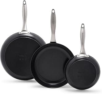 Black 3 Piece Frying Pan Skillet Set, 8”, 10”, and 12”, Healthy Ceramic Nonstick PFOA and PFAS-Free, Hard Anodized, Stainless Steel Handles, Oven Safe