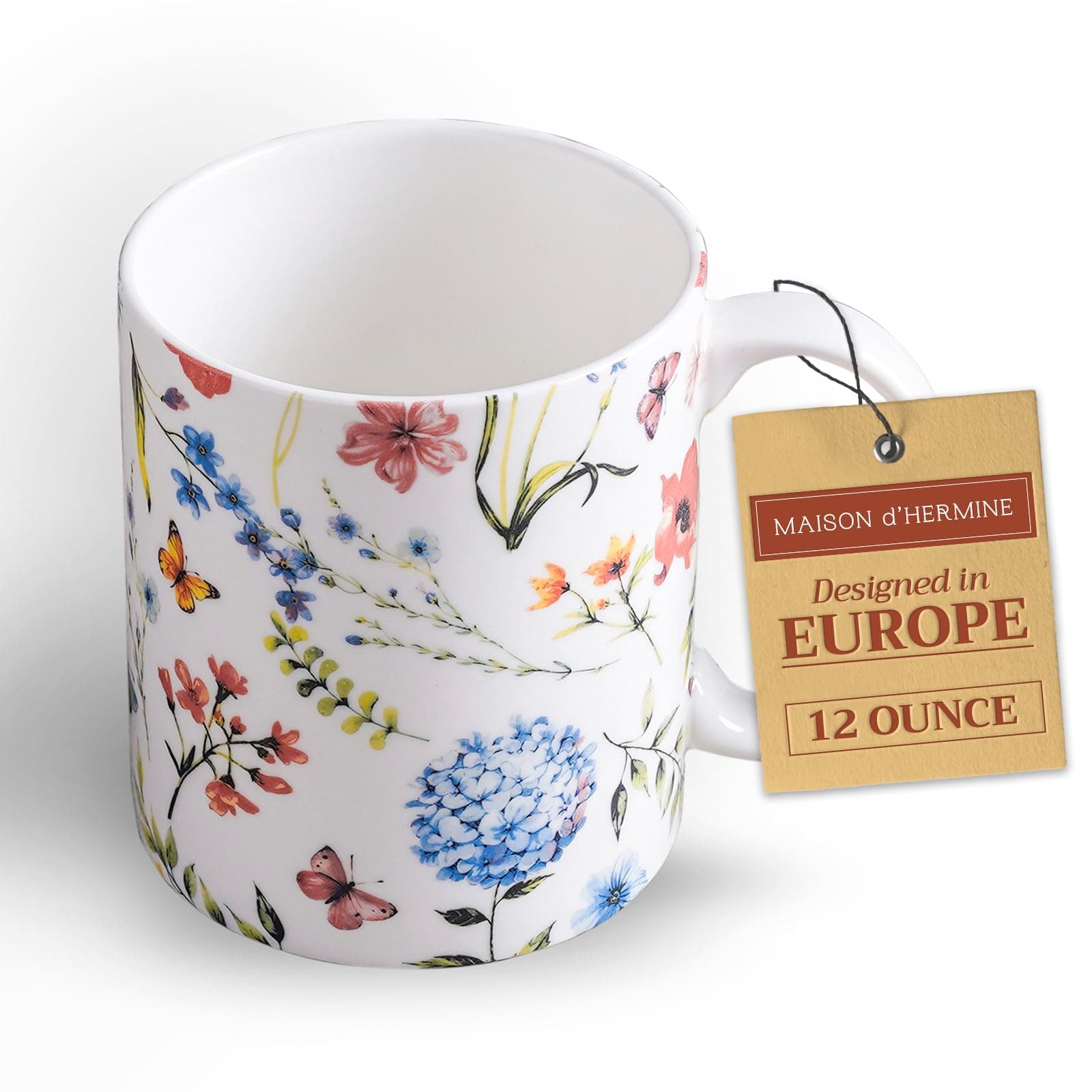 Maison d' Hermine Coffee Mug with Handles Fine Bone China Mugs Pack of One Tea Cups for Hot Beverages Cappuccino Latte Home Restaurant Office Perfect for Gift (Just Floral - Poppies Always, 12 Ounce)