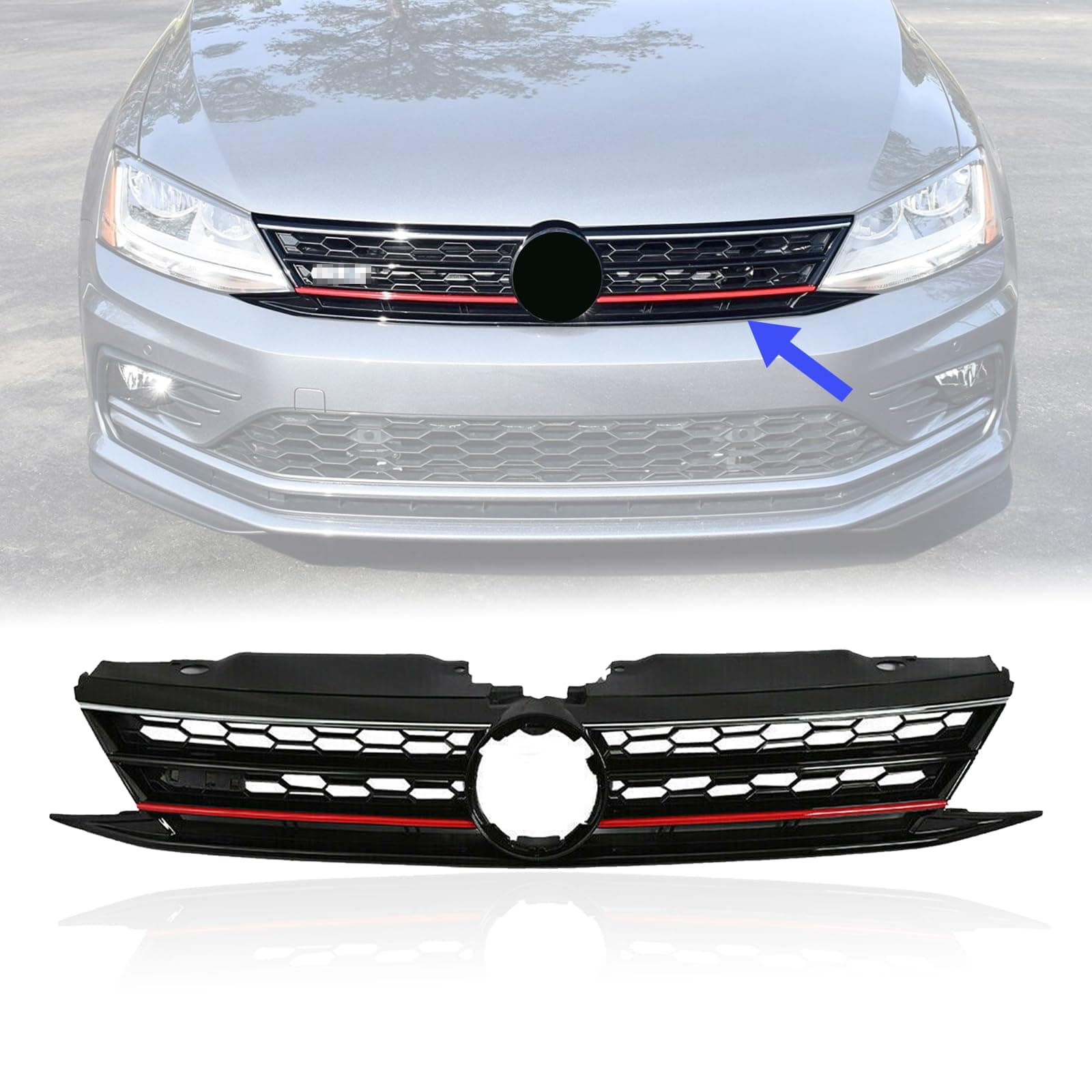 YLT AUTO Front Cover Upper Bumper Grille Replacement Shroud VW Front Honeycomb Air Intake with Red Trim for 2015 2016 2017 2018 Volkswagen Jetta