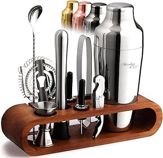 Mixology Cocktail Shaker Set - 10-Piece Cocktail Making Set - Home Bartender Kit in Bamboo Stand with Spoon, Boston Shaker, Other Tools for Drink Mixing, Martini, Mocktail - Gift Set (Silver)