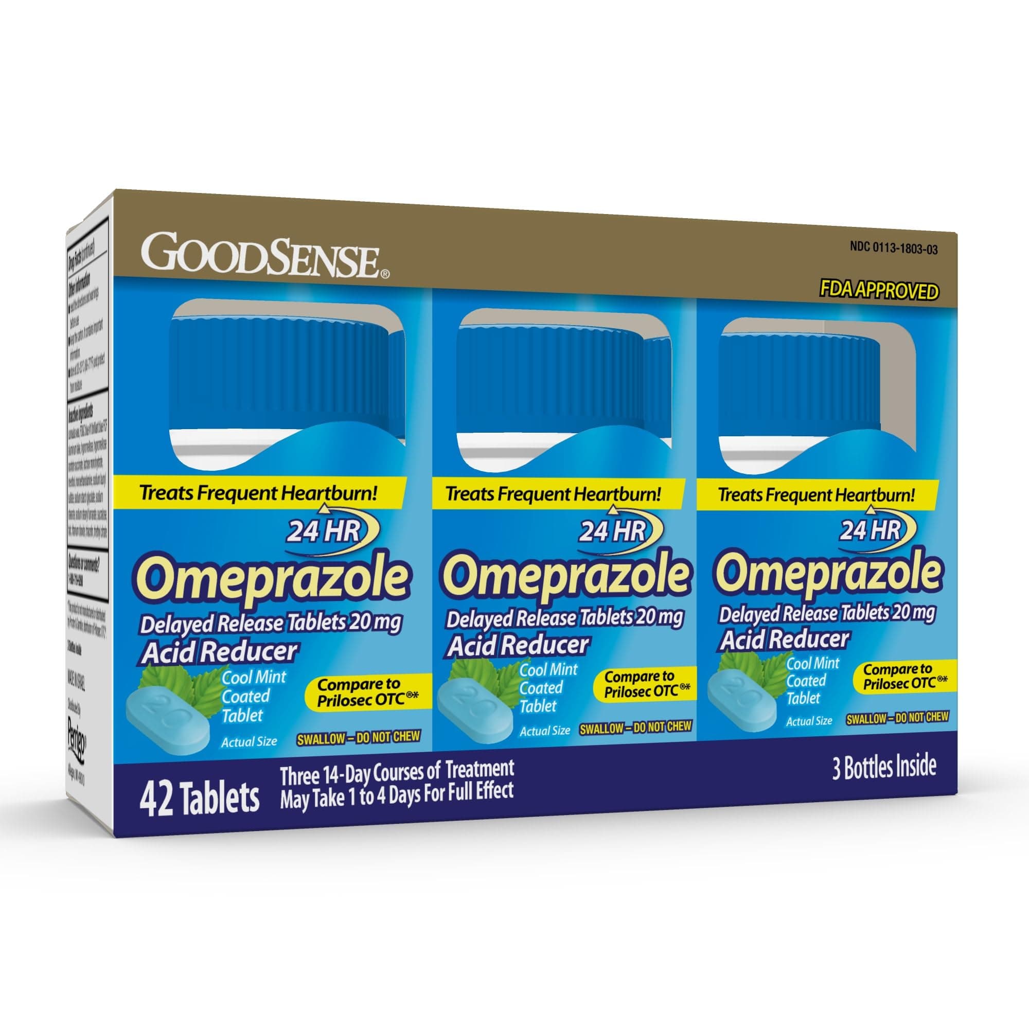 GoodSense Good Sense Omeprazole Delayed Release Coated Tablets 20 mg, Cool Mint, Treats Frequent Heartburn, Acid Reducer, Heartburn Medicine, 42 Count