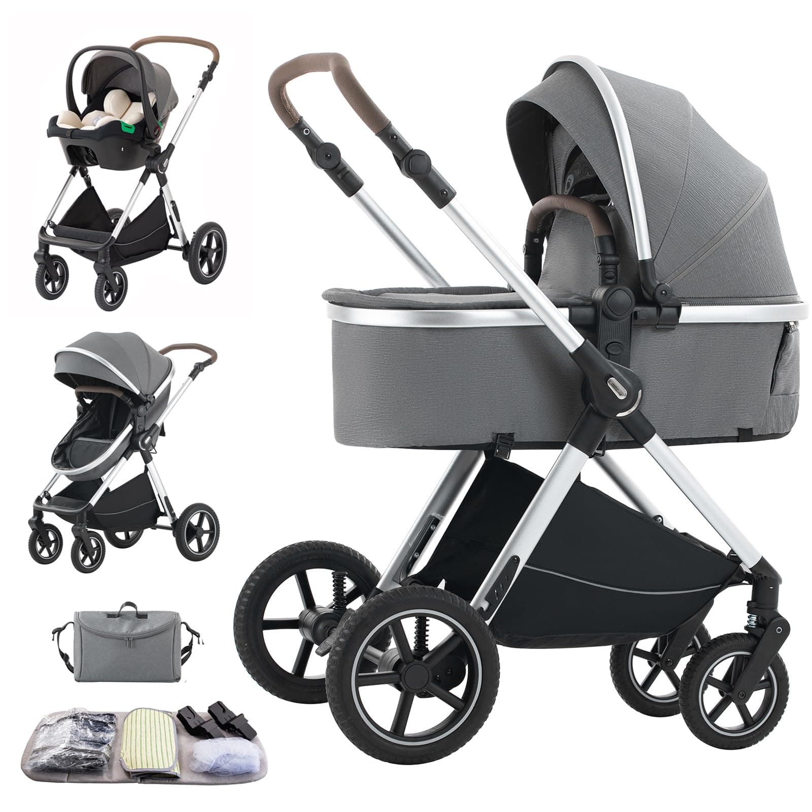 – 3 in 1 Baby Stroller with Height Adjustable Handle,3 in 1 Prams Travel System, Lightweight Foldable Pushchair, Prams with Aluminum Frame for Portable Baby Carriage