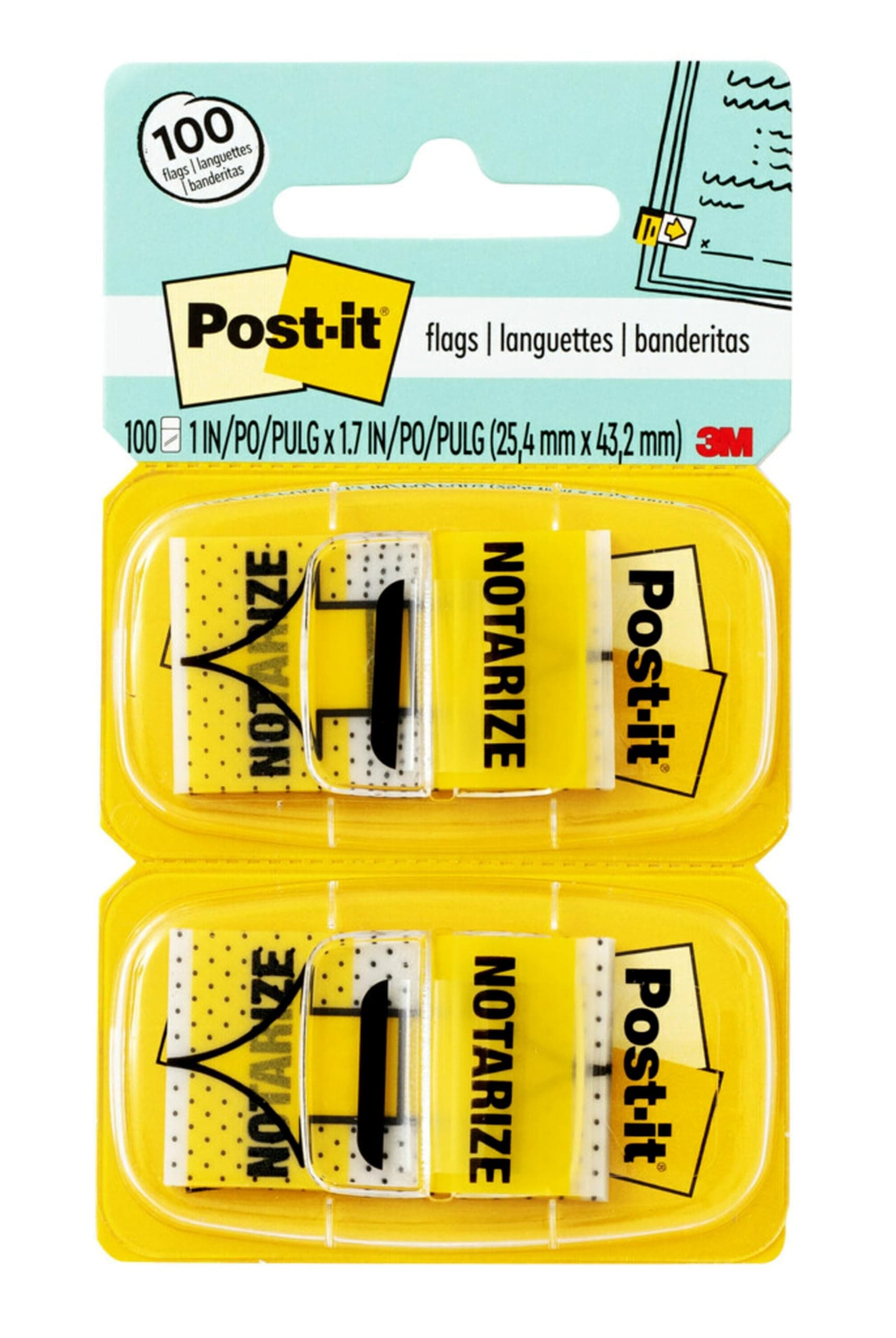 Post-it Notarize Flags, 50/Dispenser, 2 Dispensers/Pack, 1 in Wide, Yellow (680-NZ2)