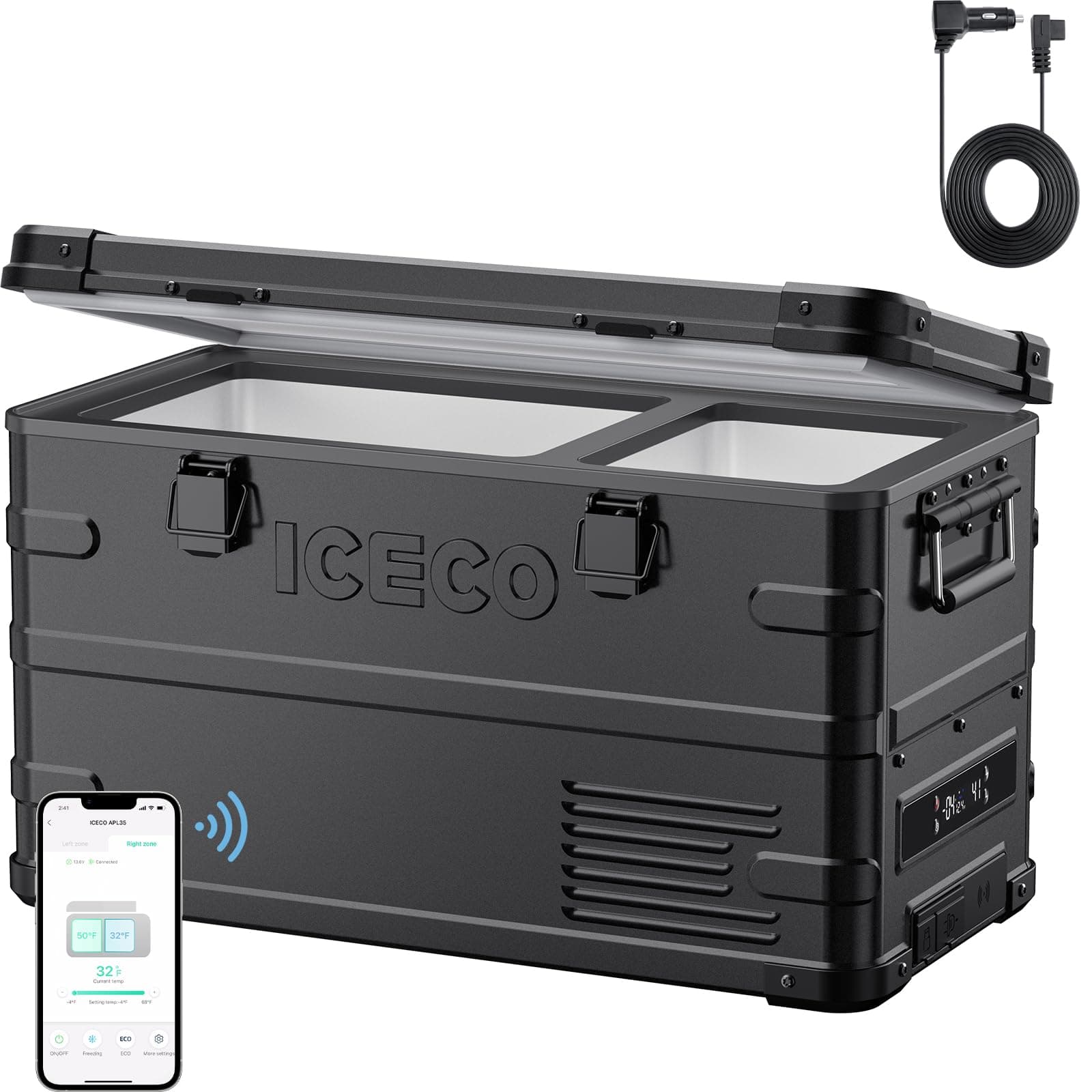 ICECO APL35 Portable Fridge Freezer with DC Cable, 37 Quart Car Refrigerator, Dual Zone Light Duty Aluminum 12V Portable Fridge Freezer, -4℉~68℉, 12/24V DC, 100-240V AC,for RV, Boat, Truck