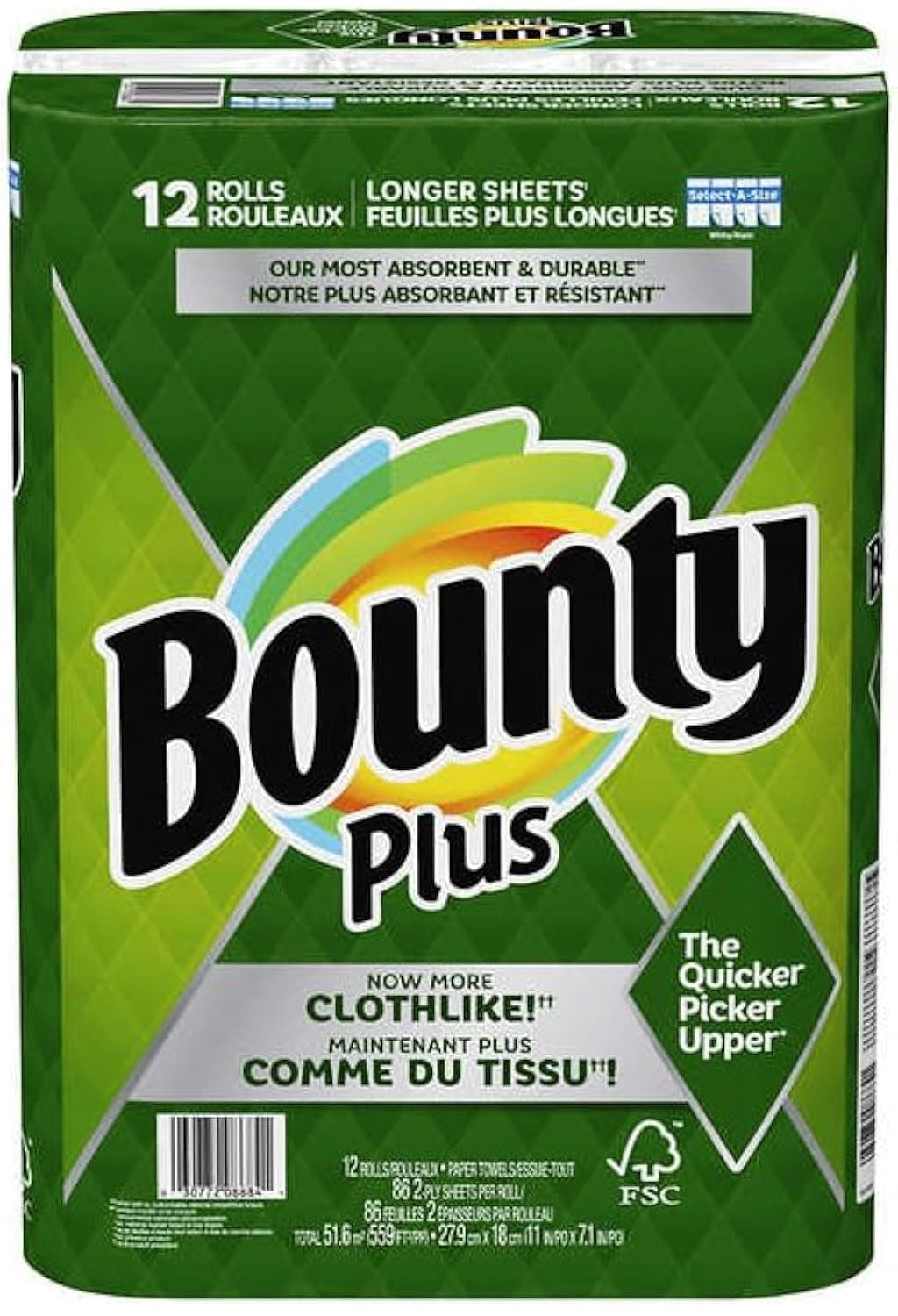Bounty Plus Select-A-Size White Long Cloth Like 12 Paper Towel Rolls of 2-Ply 86 Sheets Each