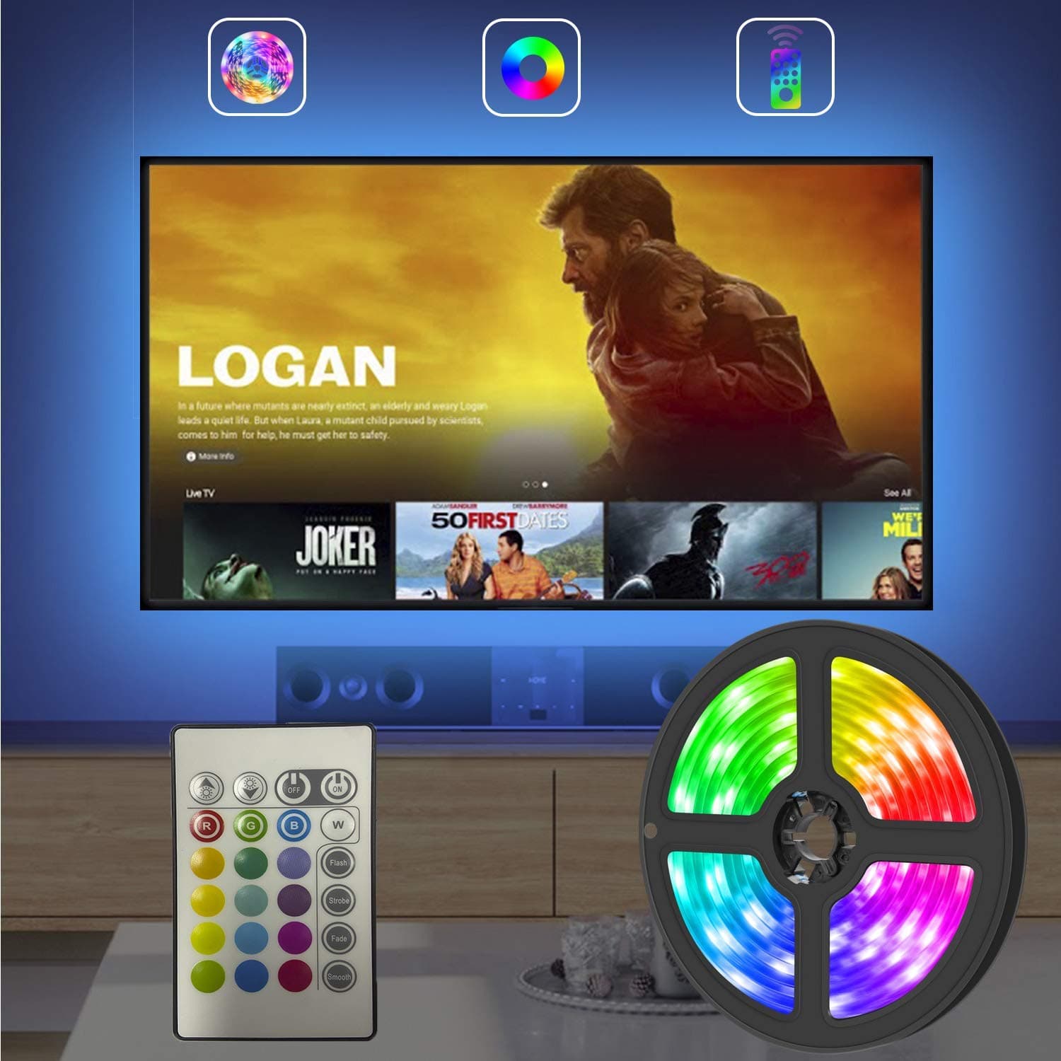 LED Strips Lights, 2.5M/8.2ft USB TV LED Backlights with 16 Colors and 4 Modes for 40-65 inch HDTV/PC Monitor, SMD 5050 Bias Lighting with 24 Keys Infrared Remote Control