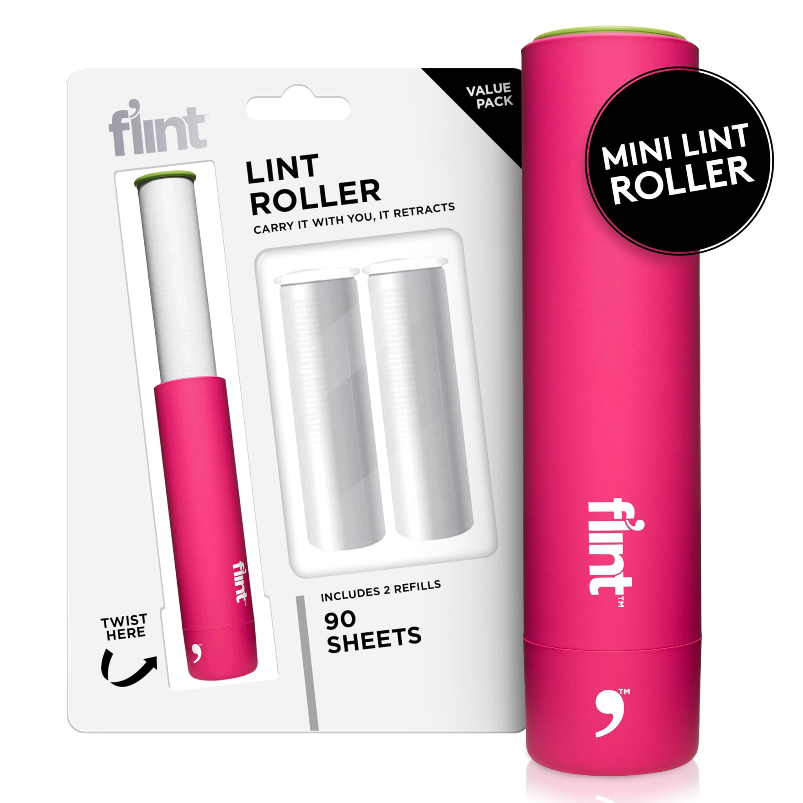 Flint Classic Pink Retractable Mini Lint Roller with 90 Extra Sticky Sheets, ...