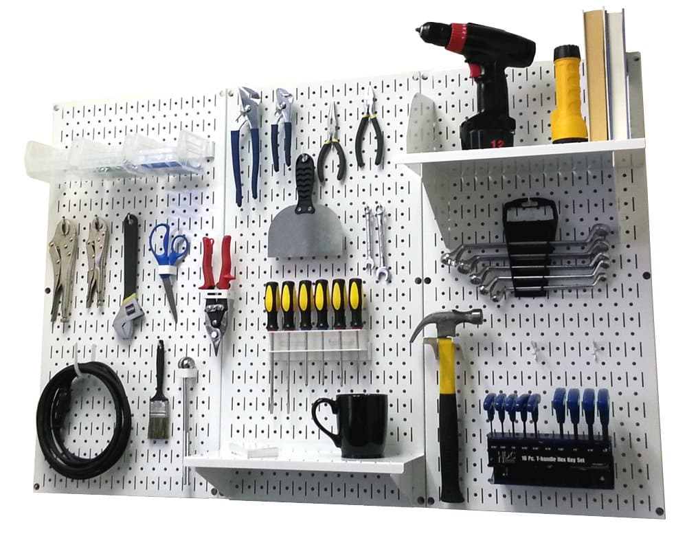 Pegboard Organizer Wall Control 4 ft. Metal Pegboard Standard Tool Storage Kit with White Toolboard and White Accessories