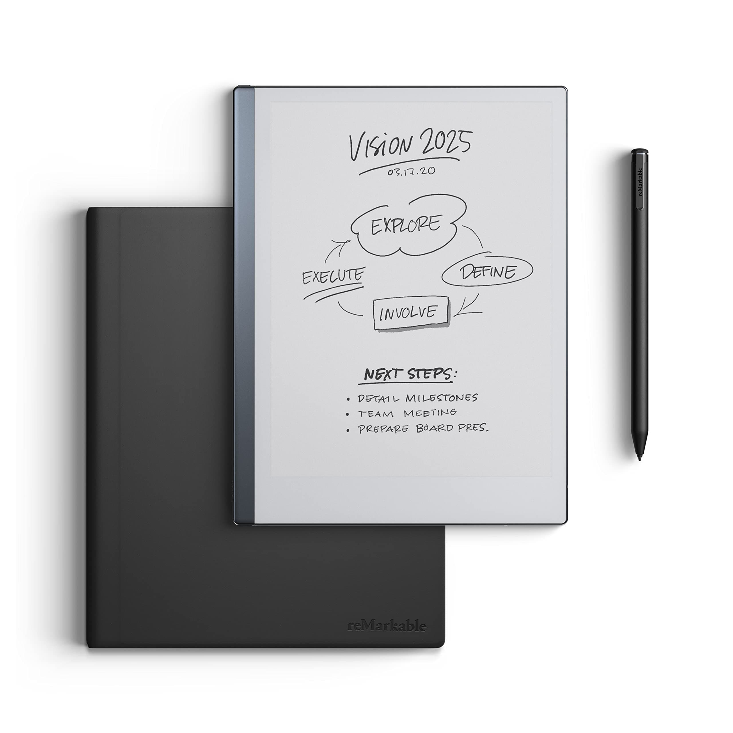 reMarkable 2 Bundle - Leather Folio | 10.3'' reMarkable 2 Paper Tablet, Marker Plus Pen With Built-in Eraser and Book Folio Case in Black Premium Leather