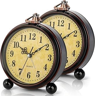 2 Pack Vintage Retro Analog Alarm Clocks, 5.2 Inch Silent Non Ticking Small Table Clock, Battery Operated Desk Clocks for Bedroom, Elegant Bedside Gift Clock for Living Room, Office, Room Decor