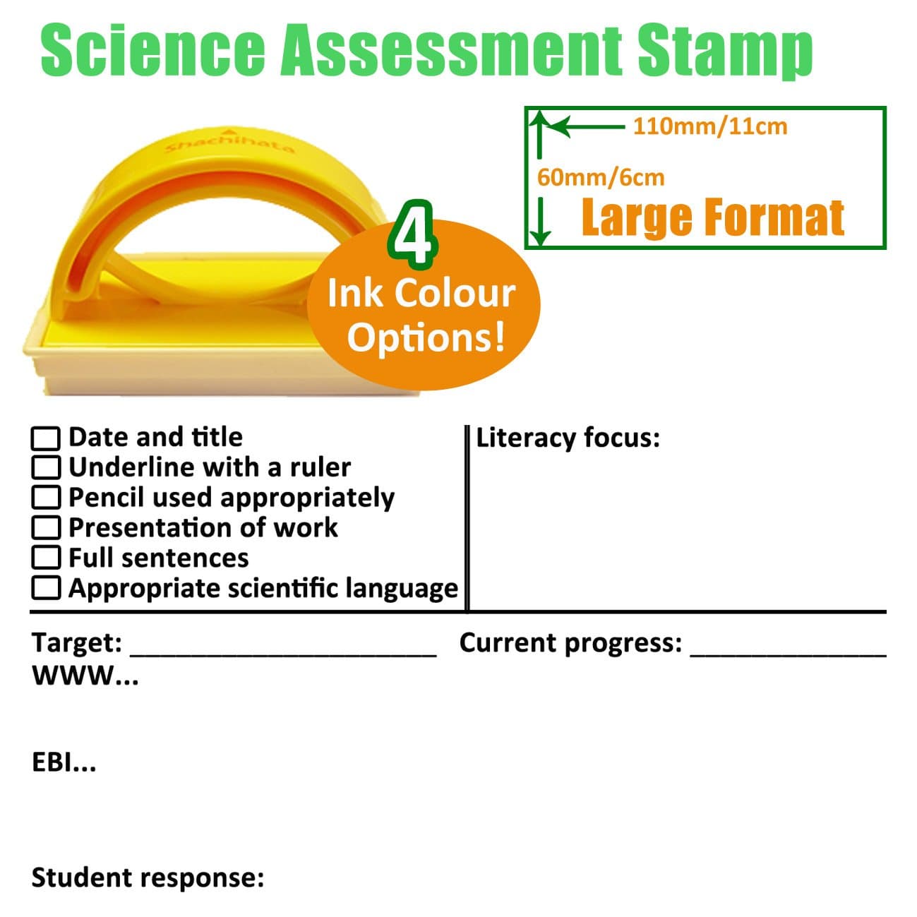 Science Marking, Feedback and Student Response Teacher Stamp - Large 5x10cm (Black Ink)