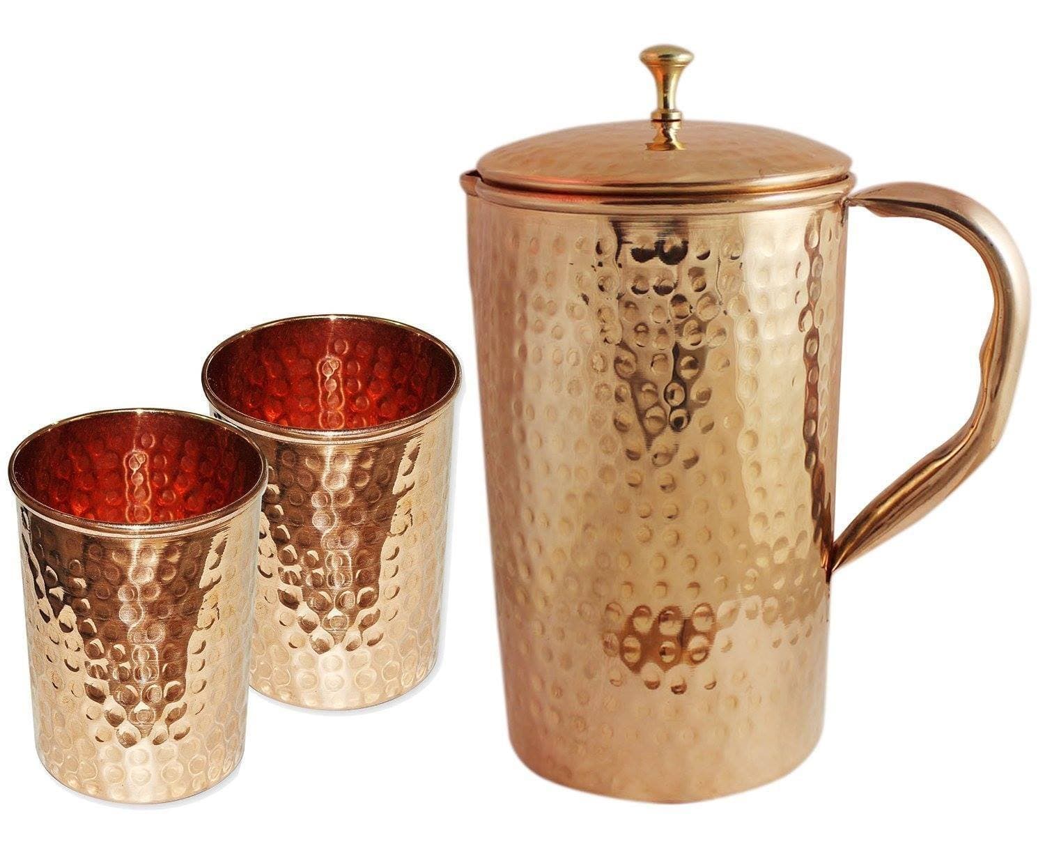 2 Pieces Drinking Water Glasses with 1 Copper Pitcher Pitcher, The Great Product of ayurveda (Hammered)