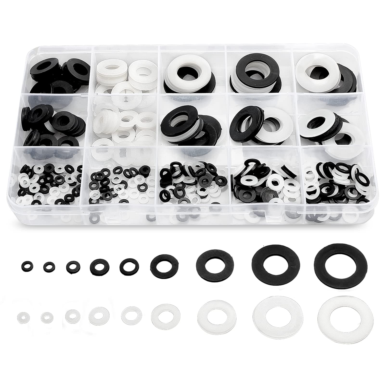 420 Pcs Black/White Nylon Flat Washers Assortment Kit for M2 M2.5 M3 M4 M5 M6 M8 M10 M12 Screws & Bolt