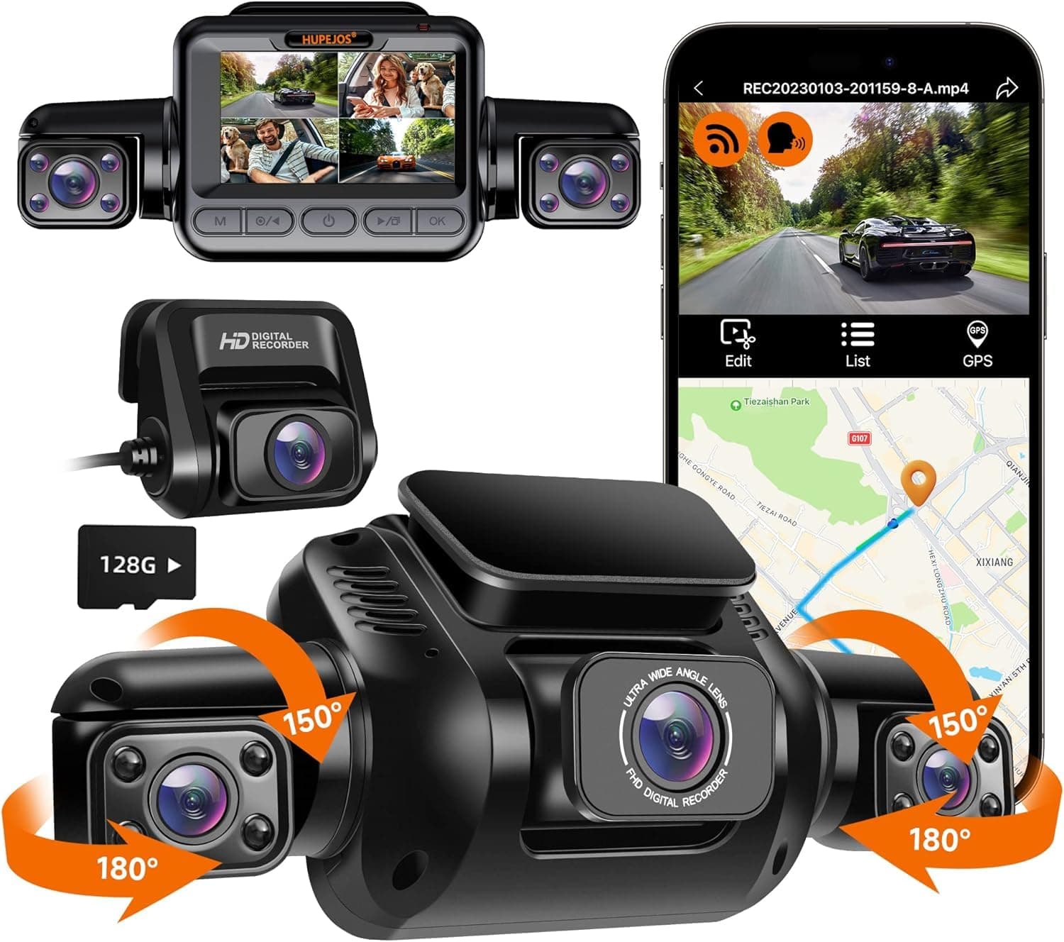 4K Dash Cam, 360° Dash Camera 4 Channel, Dashcam Front and Rear Inside, Dash Camera for Car Built in 5G WiFi GPS, Voice Control, Night Vision, WDR, with 128GB Card, 24/7 Recording Parking Mode