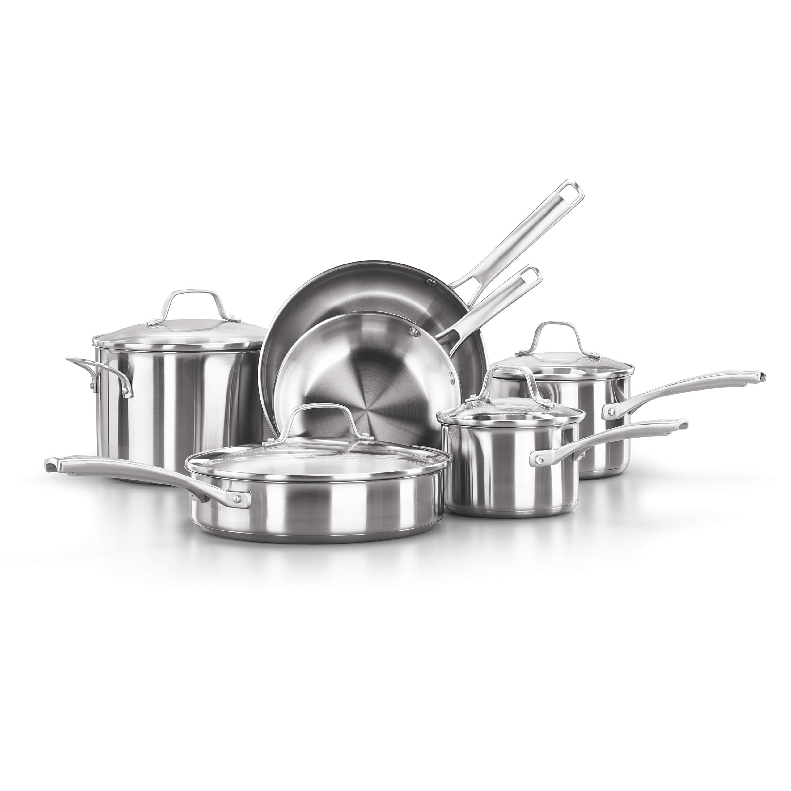 Classic Stainless Steel Cookware Set, 10-Piece, Impact-Bonded Aluminum Base, Stay-Cool Handles, Oven Safe 450F, Silver