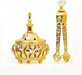 Golden Incense Holder, Frankincense Charcoal Incense Resin Stand, Bakhoor Incense Burner, Ideal for Aromatherapy Yoga Spa, Arabian Vintage Home Christian Church Censer