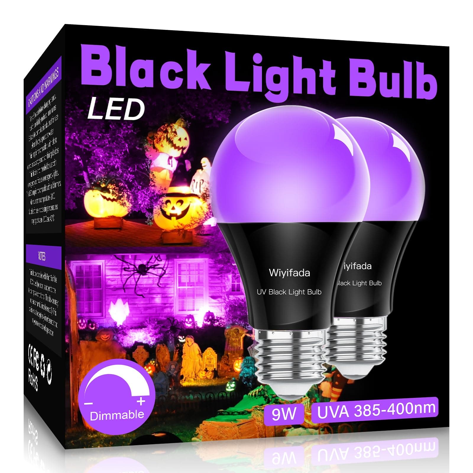 LED Black Light Bulbs 2 Pack, A19 9W UV Black Light Replace Up to 100W, 120V E26 Base UVA Level 385-400nm, Glow in The Dark for Body Pain, Blacklights Party, Halloween