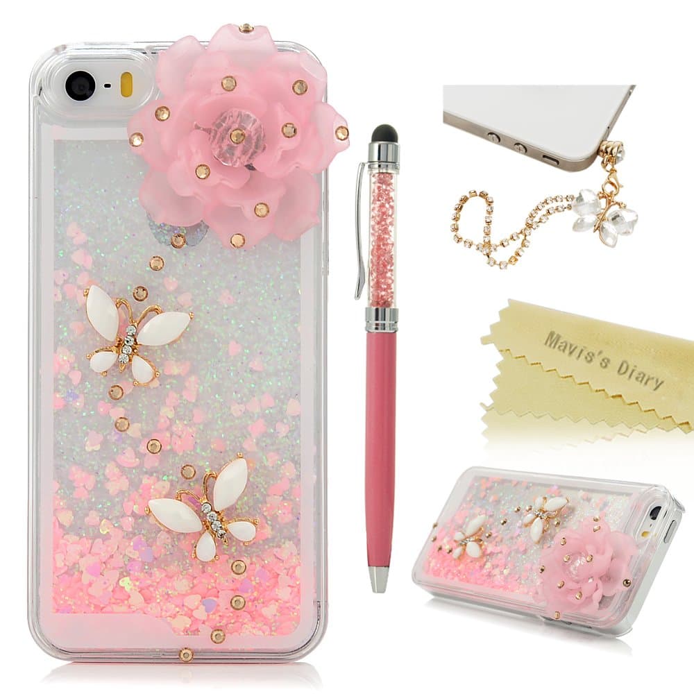iPhone SE Case,iPhone 5S Case,iPhone 5 Case - Mavis's Diary 3D Bling Handmade Pink Love Heart Flowing Liquid with Flower Butterfly Shiny Diamond Clear Hard Cover with Cute Dust Plug & Crystal Pen