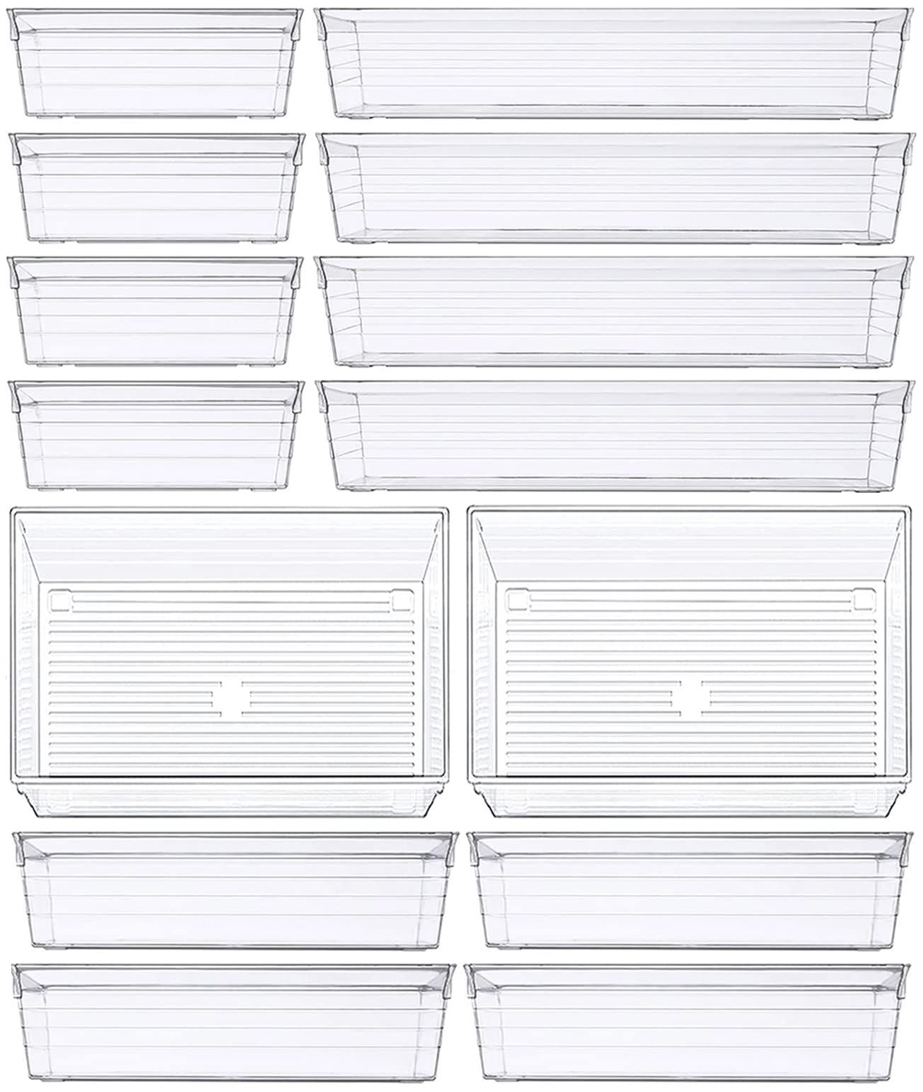 14 PCS Clear Plastic Drawer Organizers, 4 Size Large Storage Organizer Divider Trays for Kitchen, Bathroom, Makeup