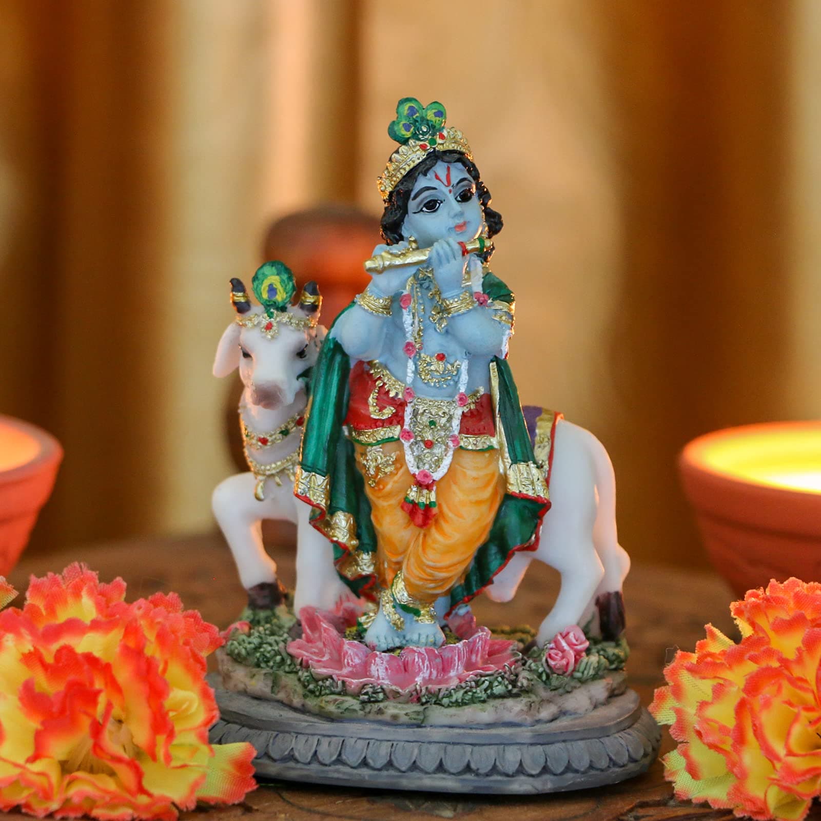 Hindu Idol Lord Krishna Statue - 3.7”H Handmade Standing Krishna Murti Playing Flute with Cow for Home Office Mandir Temple Altar Shrine Pooja Item Diwali Puja Gifts