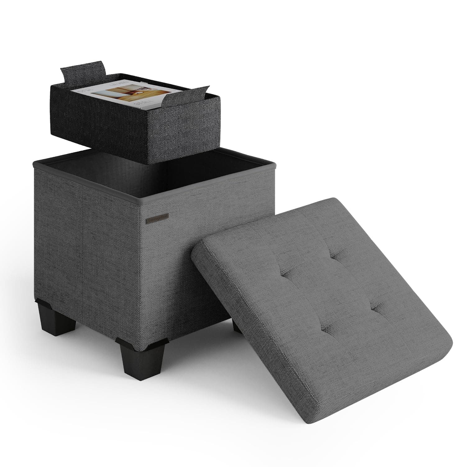 STORAGEBUD Storage Ottoman Cube with Small Bin, 16-in Square Ottoman with Storage for Living Room and Bedroom, Small Ottomans Foot Rest, Fabric Foot Stools Ottomans Max 330lbs, Grey