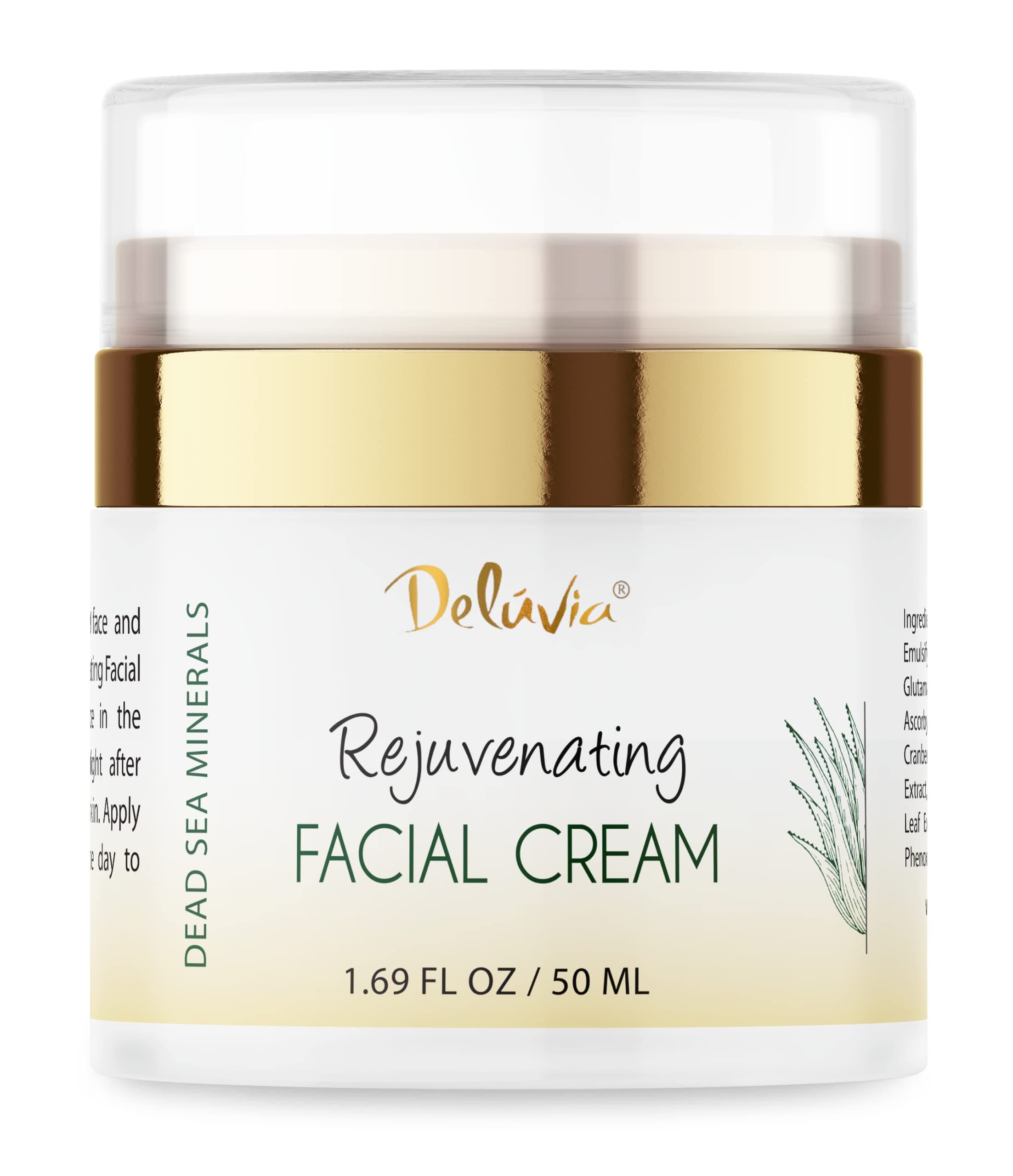 Deluvia Rejuvenating Facial Cream | Organic Aloe Vera, Coconut Oil, Vitamin C + E | Dead Sea Minerals | Daily Face Lotion for Dry Skin, Sensitive Skin