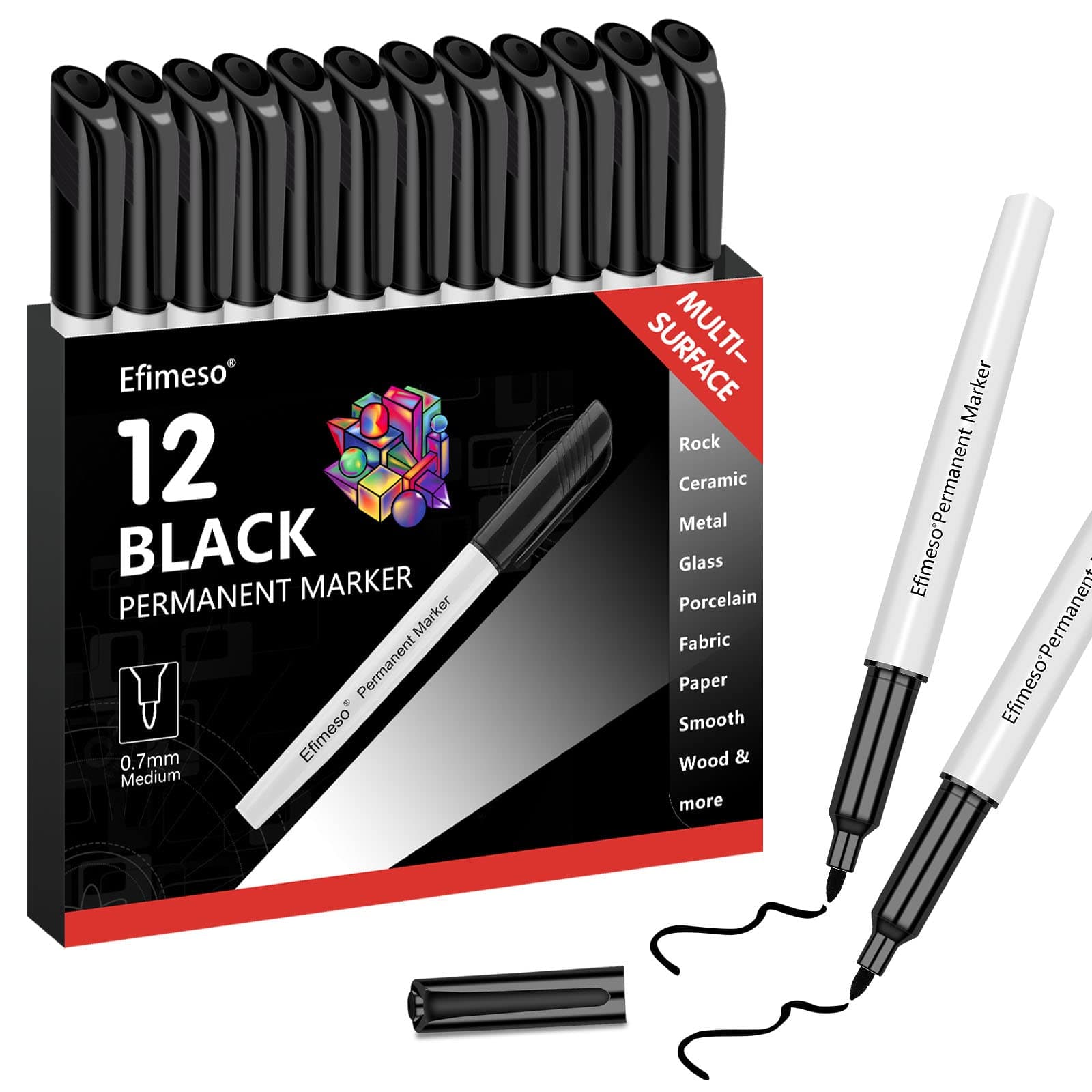 12 Black Permanent Markers, Fine tip Permanent Marker Pens,Black Marker Pens Work on Rock,Paper,Ceramic,Metal,Glass and Farbric