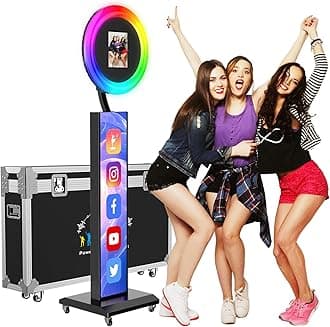 JIYANG Portable Photo Booth Stand Shell with Light Ring,Fits for Any Size iPad, Photo Booth Shell with Flight Case,Black Selfie Photo Booth with Chacktok Software Perfect for Wedding